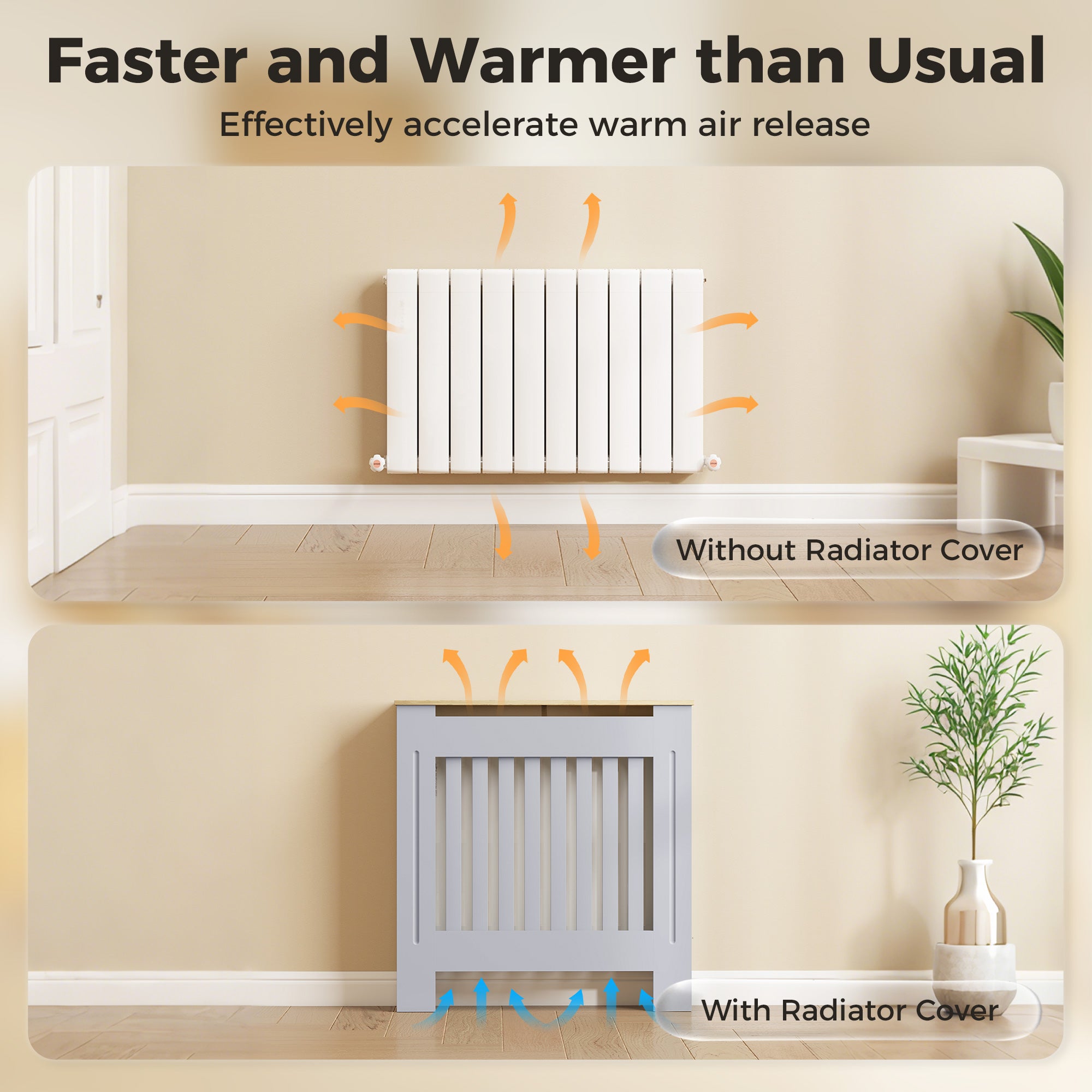 Heater Cover, Radiator Cover Slatted Painted MDF Lined Grill Grey, 78L x 19W x 81H cm