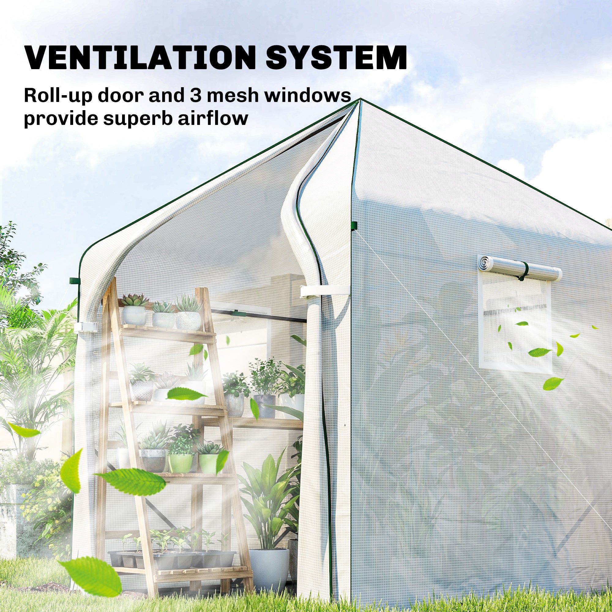 Walk-in Greenhouse for Outdoors with Steel Frame, Large Plant House with Roll-up Door and PE Ground Cover, White