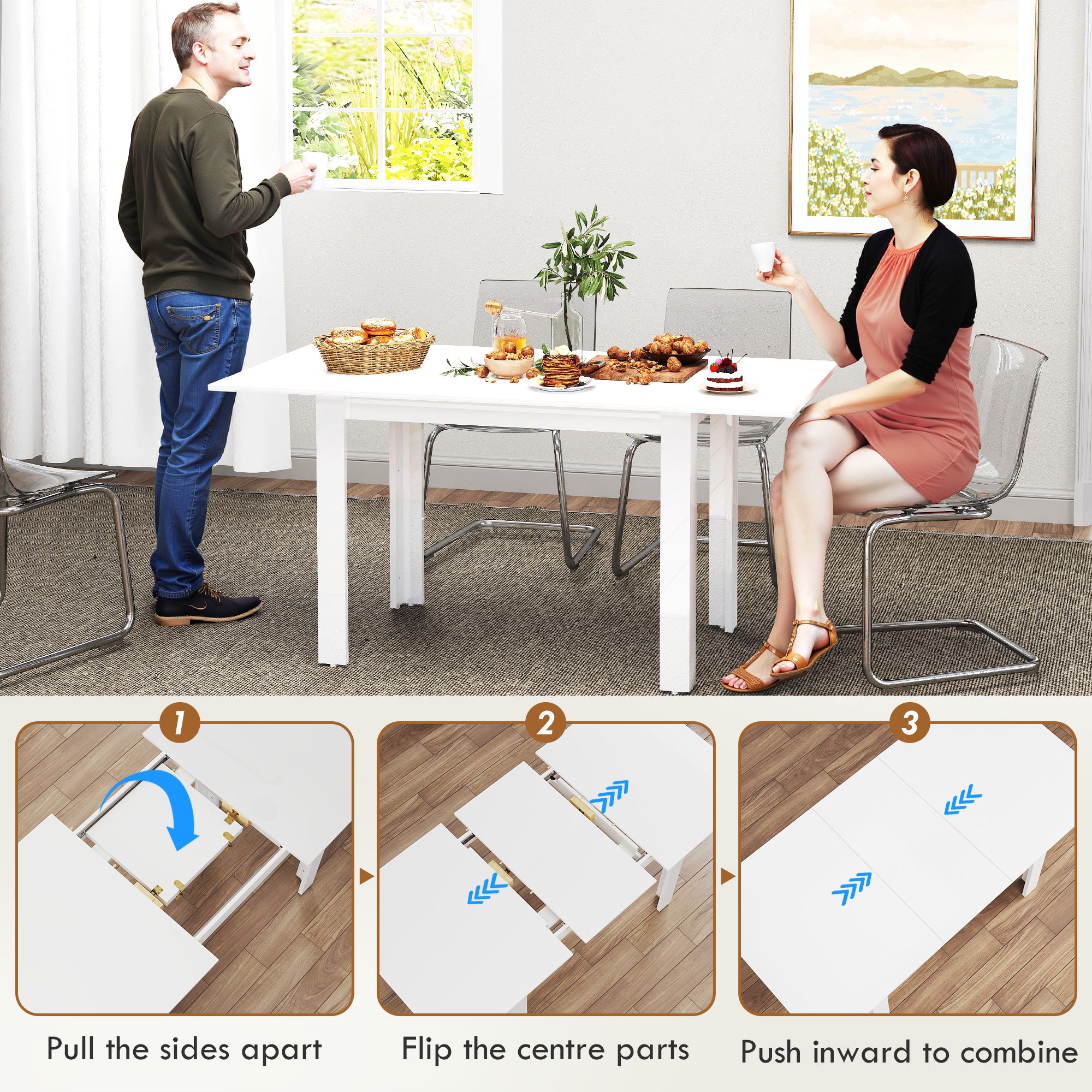 Extendable Dining Table, 120-160 x 70cm Rectangular Kitchen Table for Small Spaces, Seats 4-6 People, High Gloss White