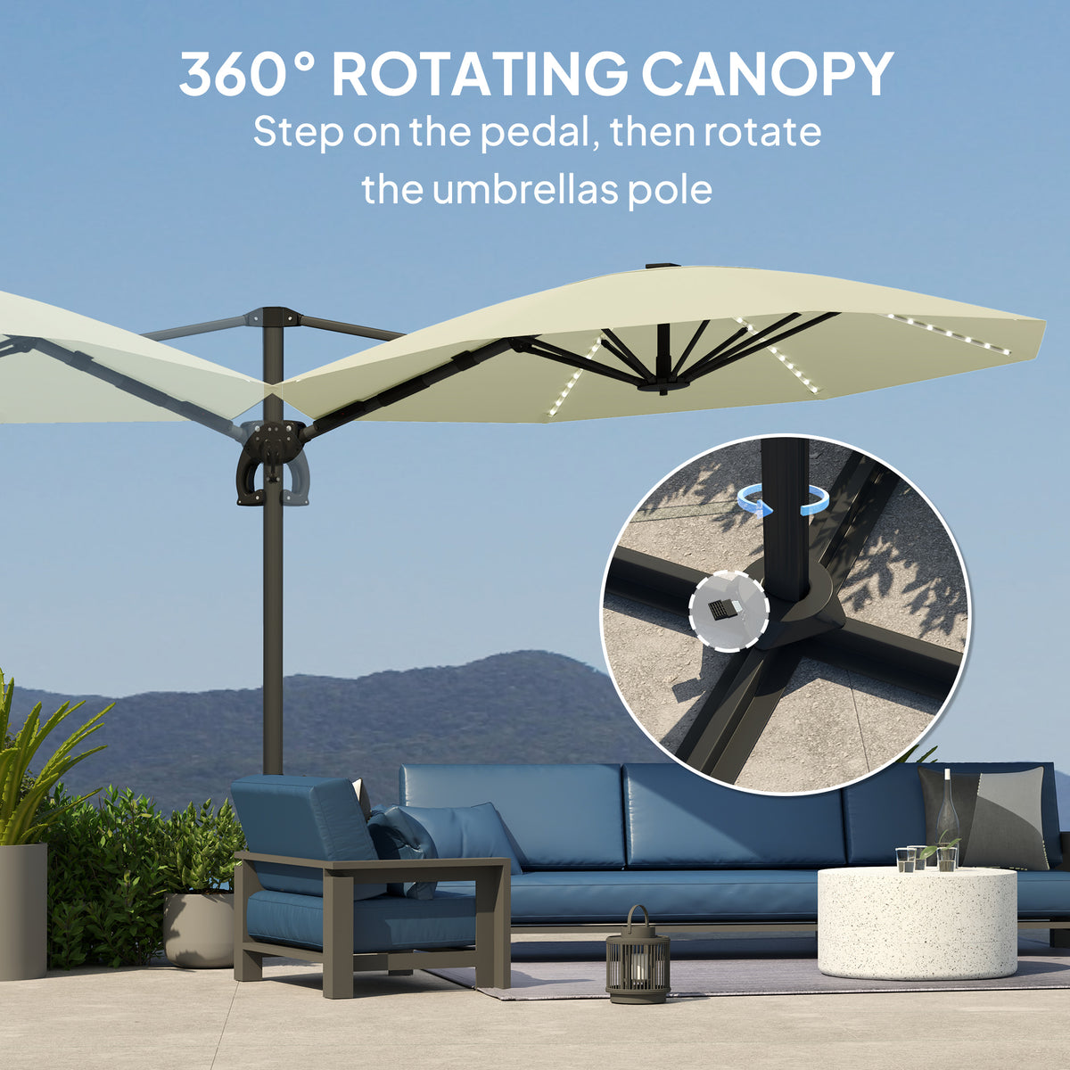 3 Metre Cantilever Garden Parasol with Solar Lights and Crank Handle - Cream