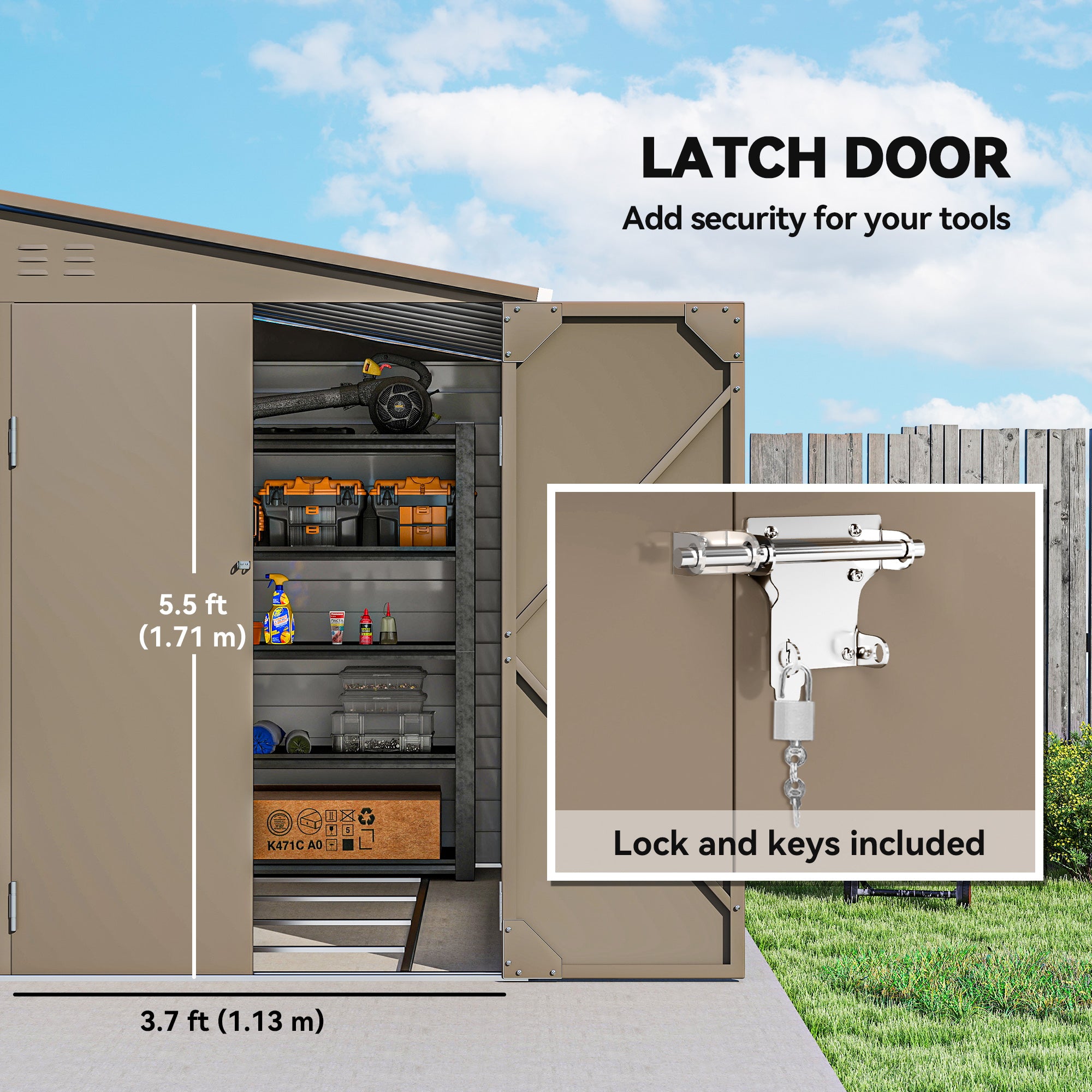 5 x 9ft Galvanised Metal Garden Shed with Foundation Kit, Outdoor Lean-to Shed, Tool Storage House for Garden, Brown