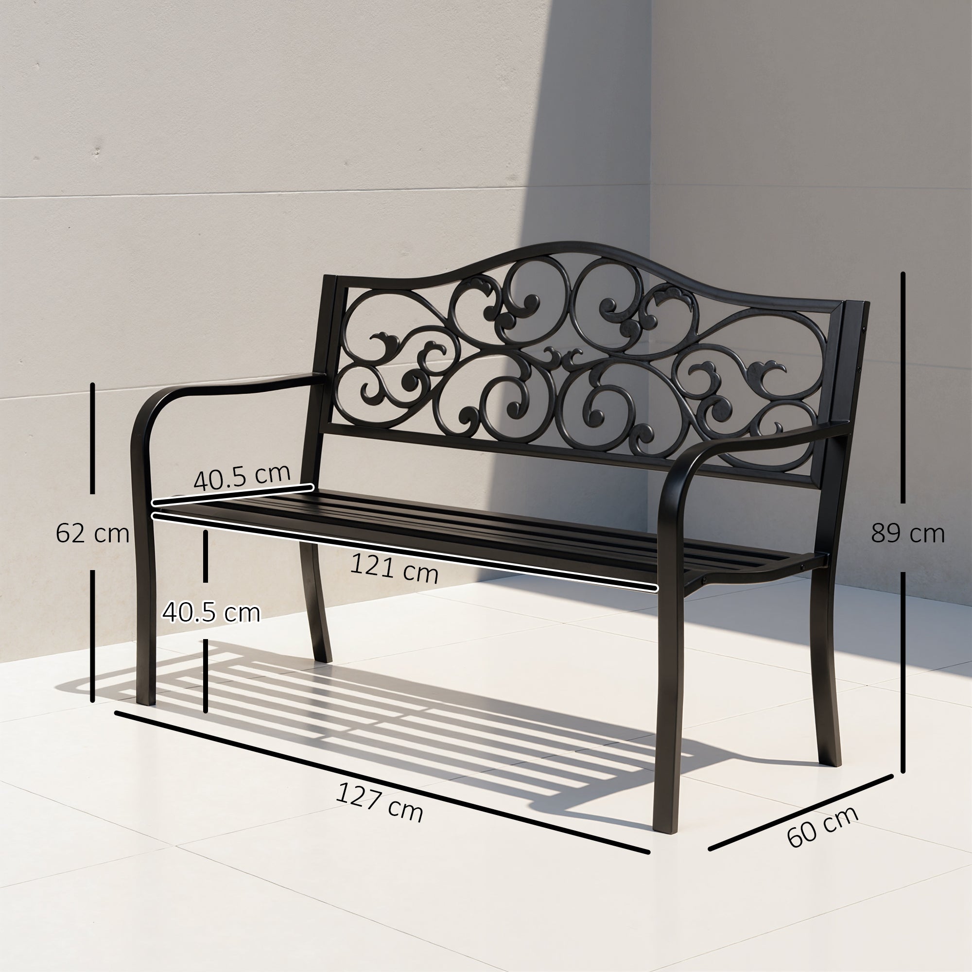 Metal Garden Bench with Floral Backrest and Armrests - Black