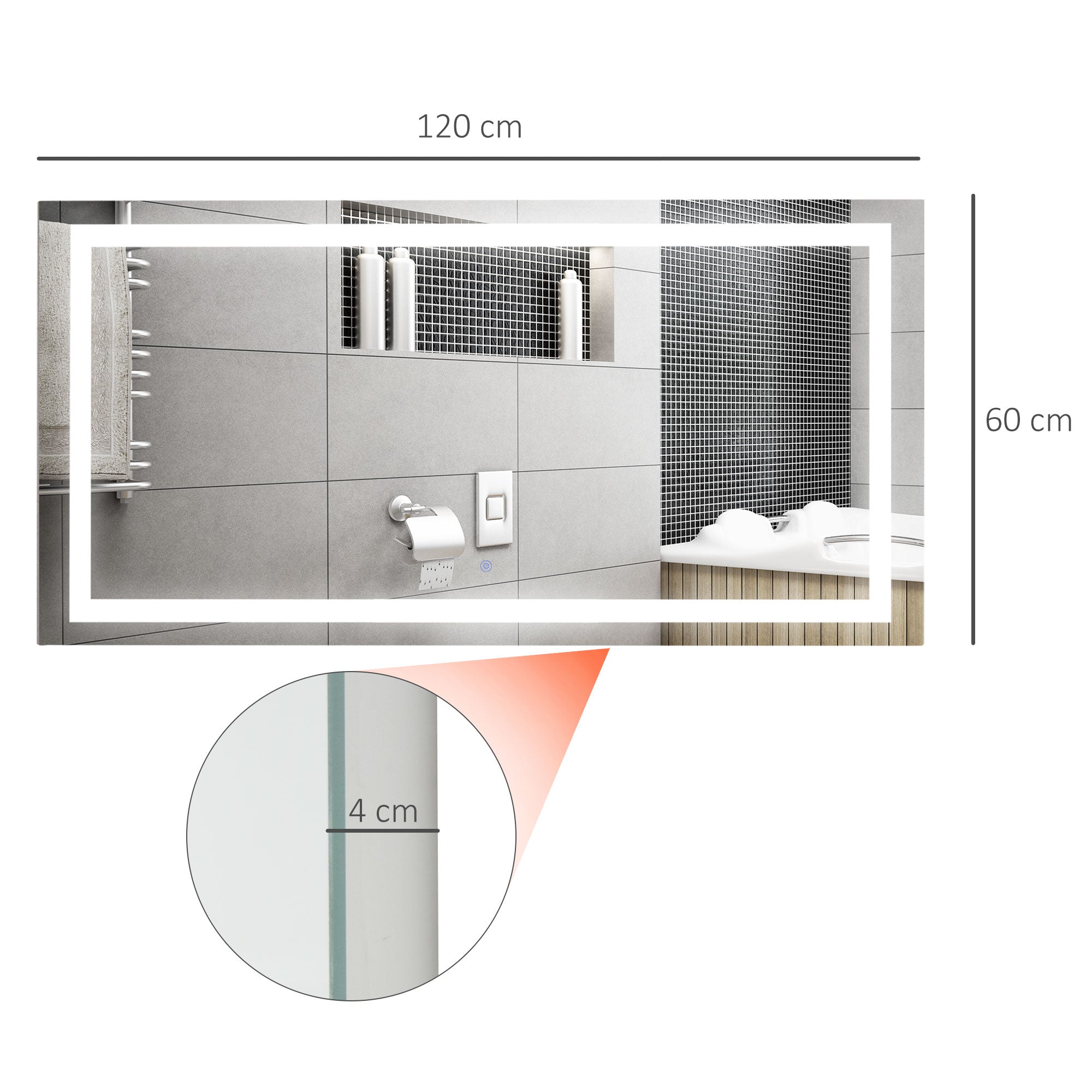 LED Bathroom Mirror, 120Wx60HX4D cm-Silver