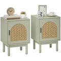 Set of 2 Rattan Bedside Tables, Boho Nightstands with Solid Wood Legs and Storage Cabinet for Living Room, Bedroom, Accent End Side Table, Light Green