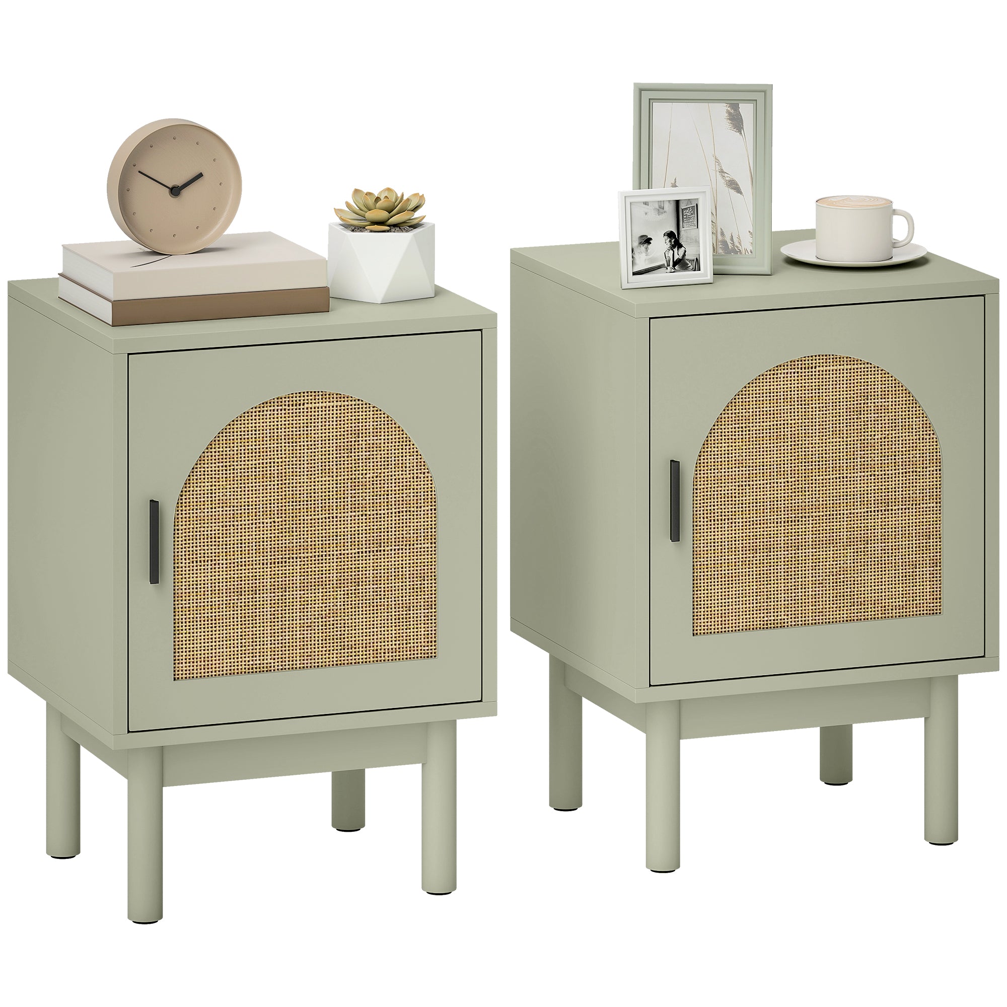 Set of 2 Rattan Bedside Tables, Boho Nightstands with Solid Wood Legs and Storage Cabinet for Living Room, Bedroom, Accent End Side Table, Light Green
