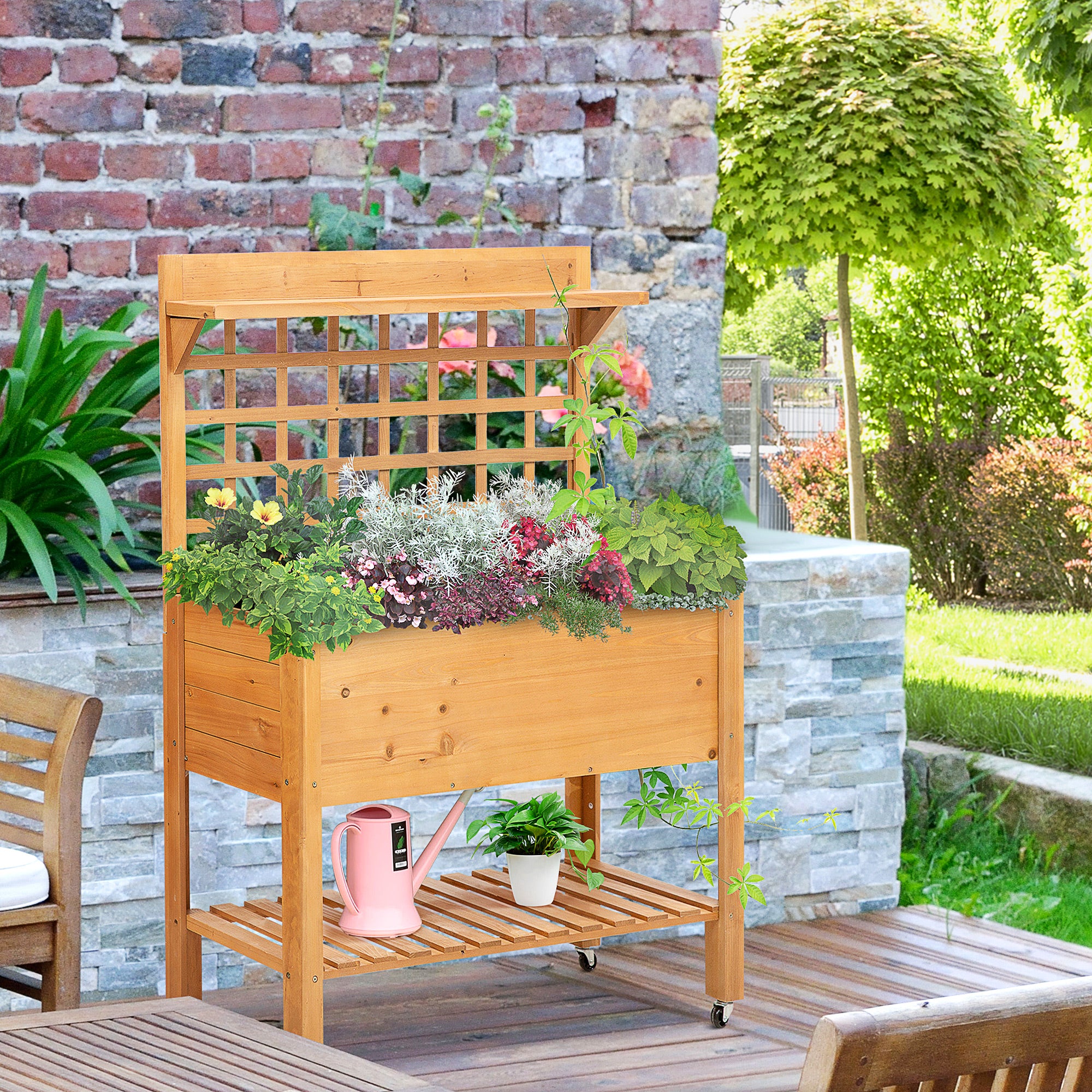 Wooden Planter Raised Elevated Garden Bed with 2 Shelves for Vegetables Flowers