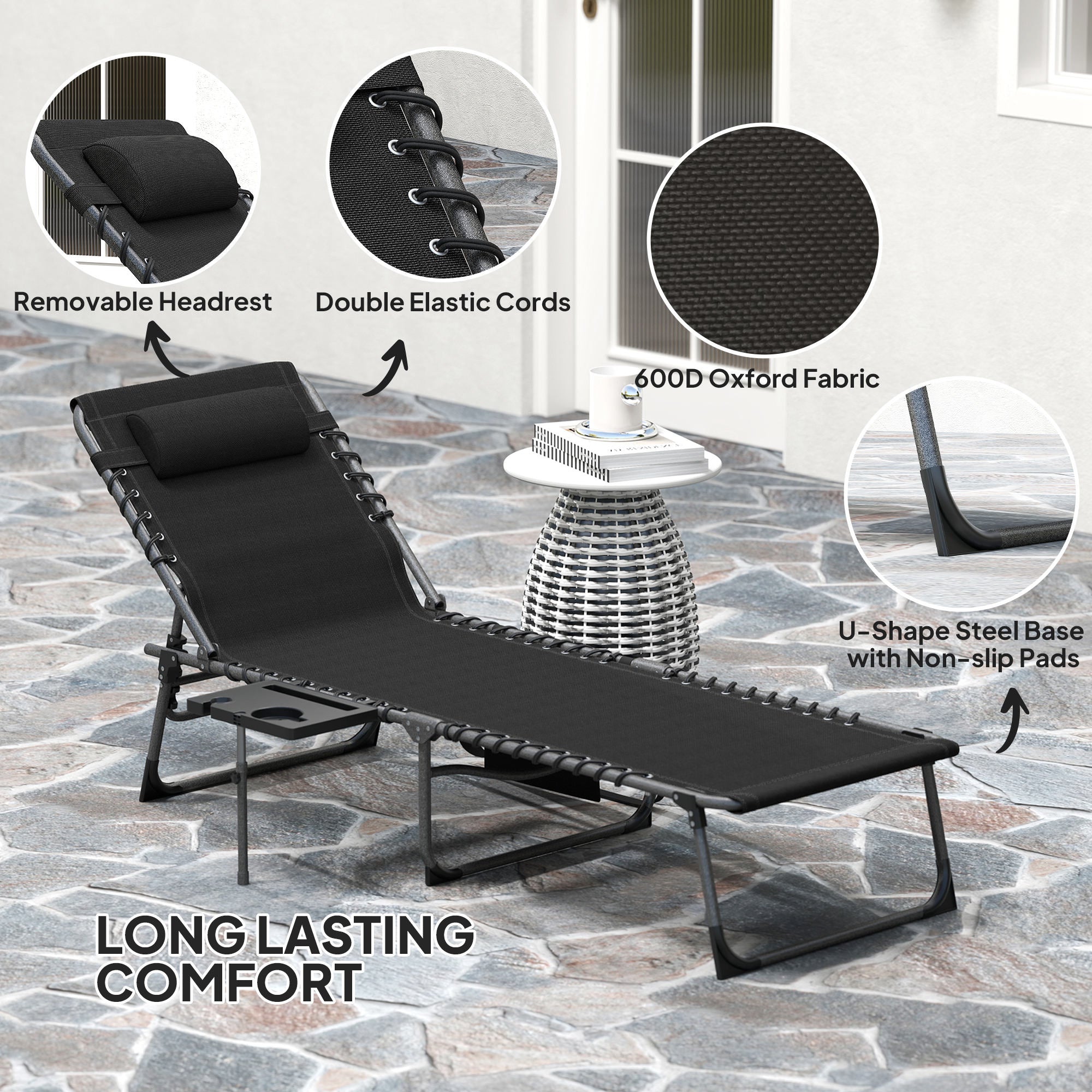Five-Position Adjustable Reclining Sun Lounger with Side Table and Pillow - Black