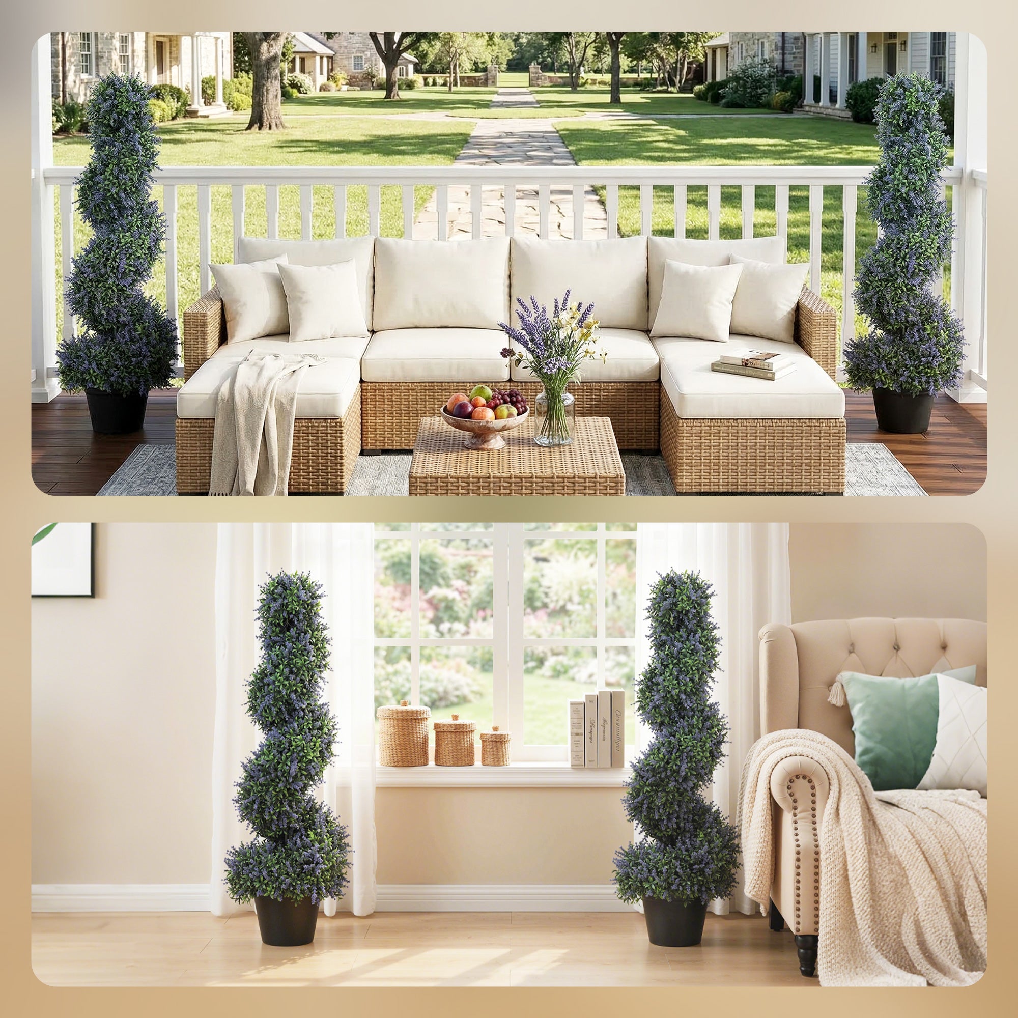 Artificial Lavender Topiary Tree Set of 2, UV Resistant Fake Plants in Pot for Indoor Outdoor Decor, 90 cm, Purple