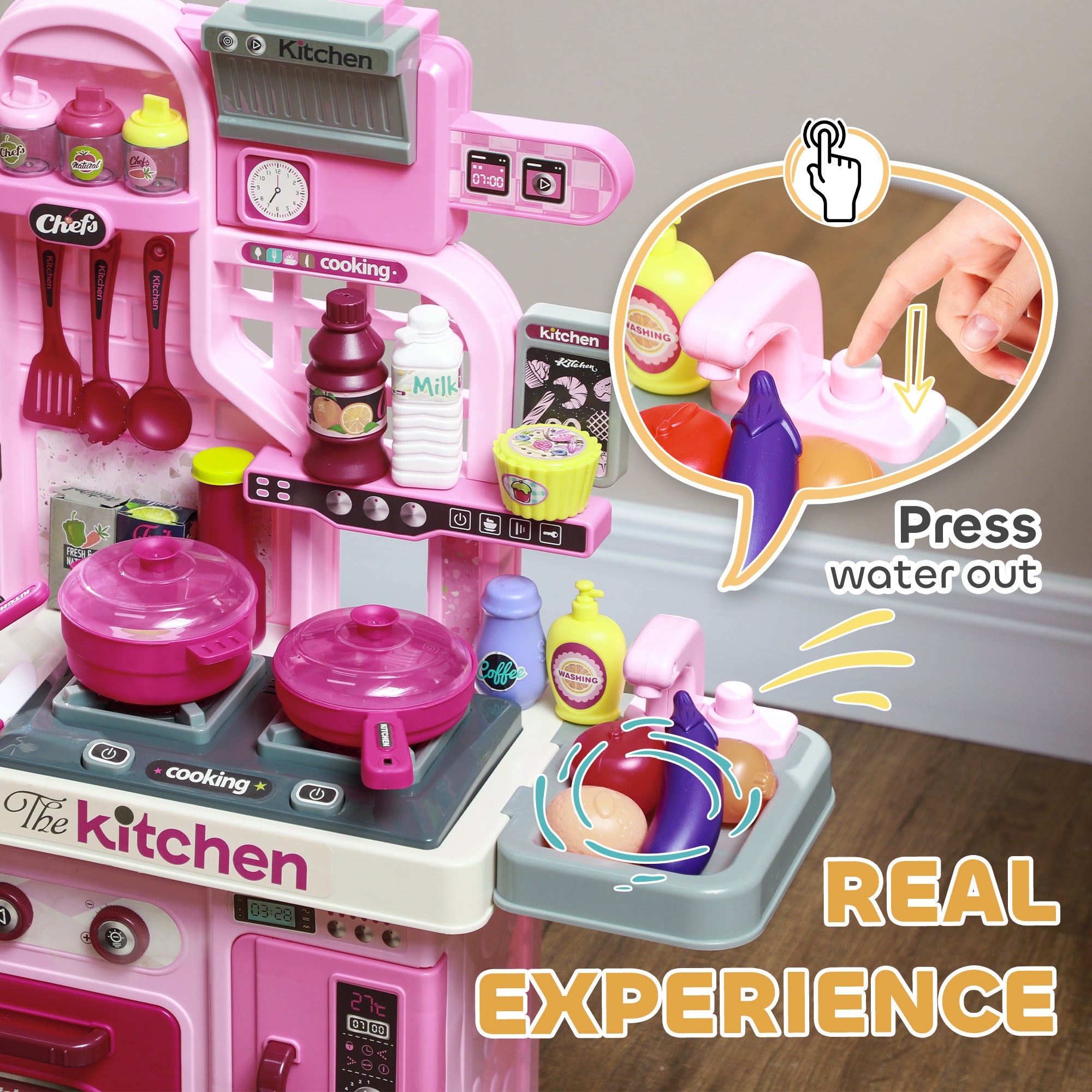Kids Kitchen with 33 Piece Accessories, Lights, Sounds, Storage, for Children 3-6 Years, Pink