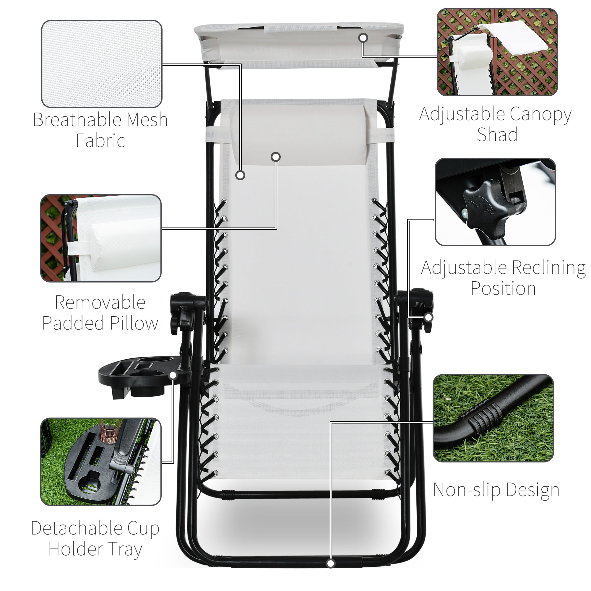 2 Piece Foldable Reclining Garden Chairs with Canopy - White