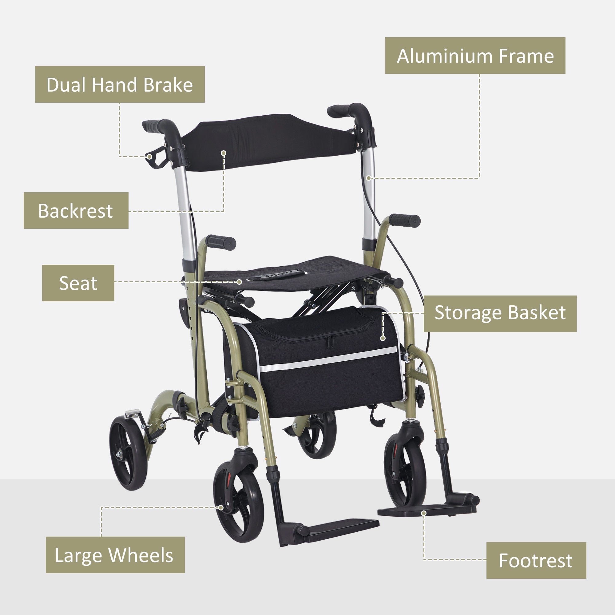 Rollator Walker Wheelchair, with Brakes and Bag - Yellow/Green