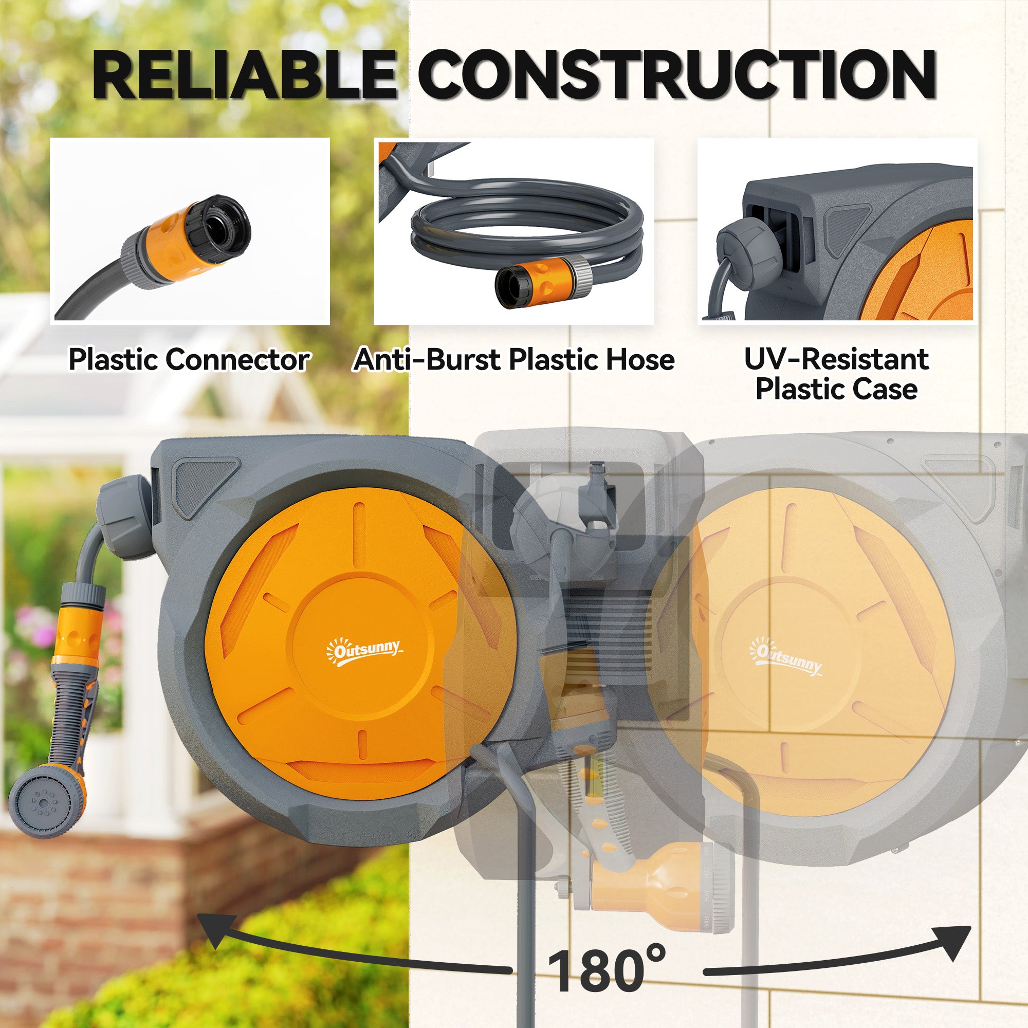 Retractable Hose Reel Wall Mounted, 30+2m Garden Hose Pipe Reel with Lock, Auto Rewind, 7 in 1 Spray Nozzle, Includes Wall Fixings, 180° Swivel, Outdoor Watering, 59 x 23 x 42 cm, Orange