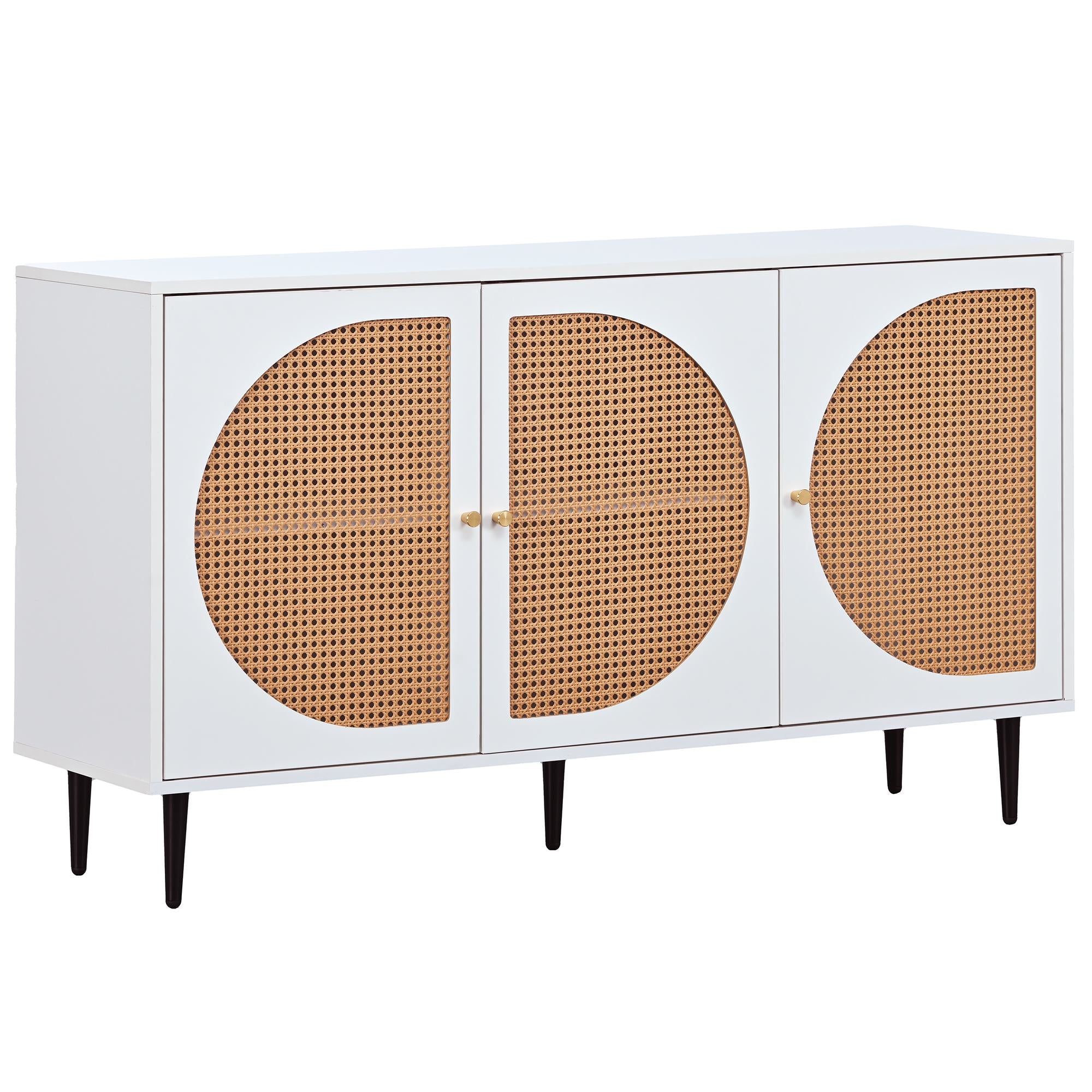 Versatile Rattan Sideboard with 3 Doors and Metal Handles, Storage Cabinet for Living Room and Office, 130L x 40W x 76H cm, White