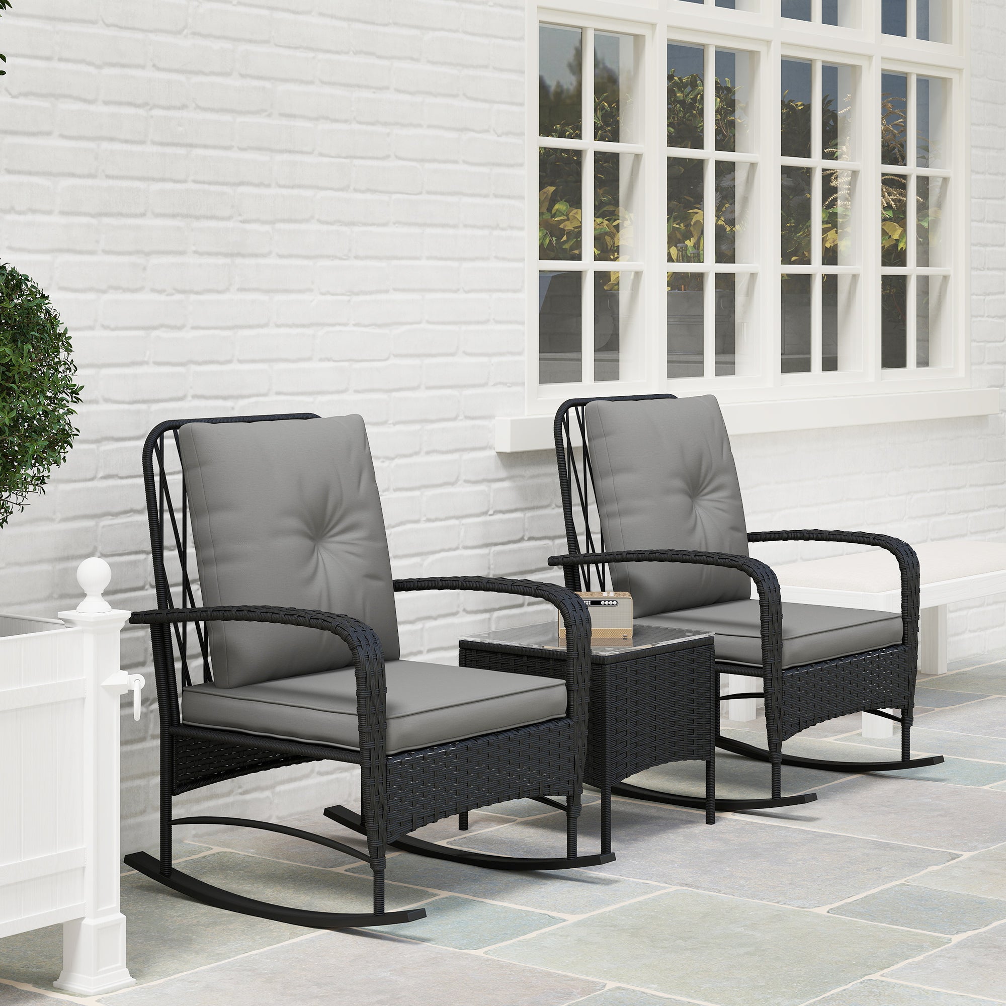 3 Piece Rocking Chair Rattan Bistro Set with Glass Table - Black