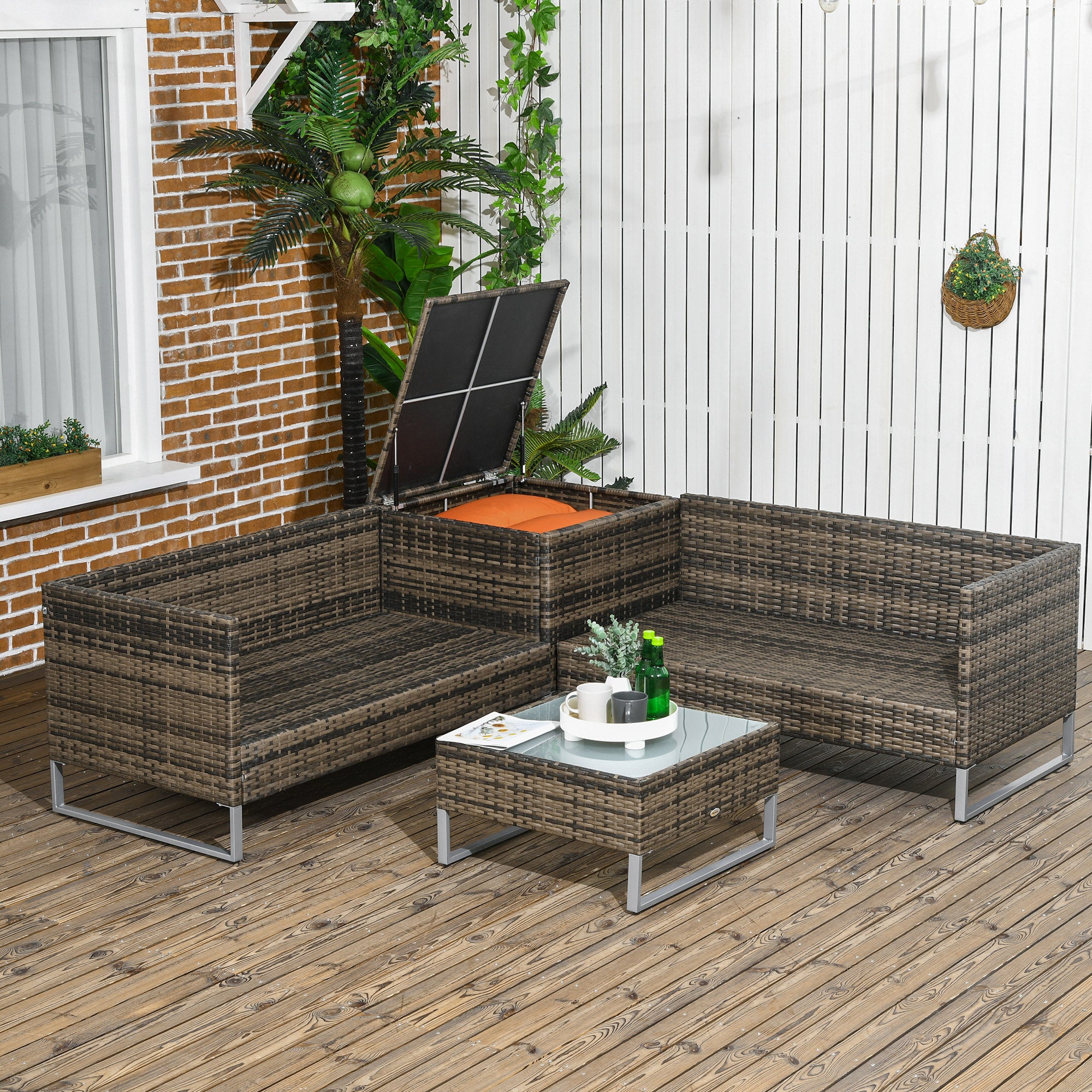 Four-Piece Rattan Sofa Set, with Storage Table - Orange/Brown