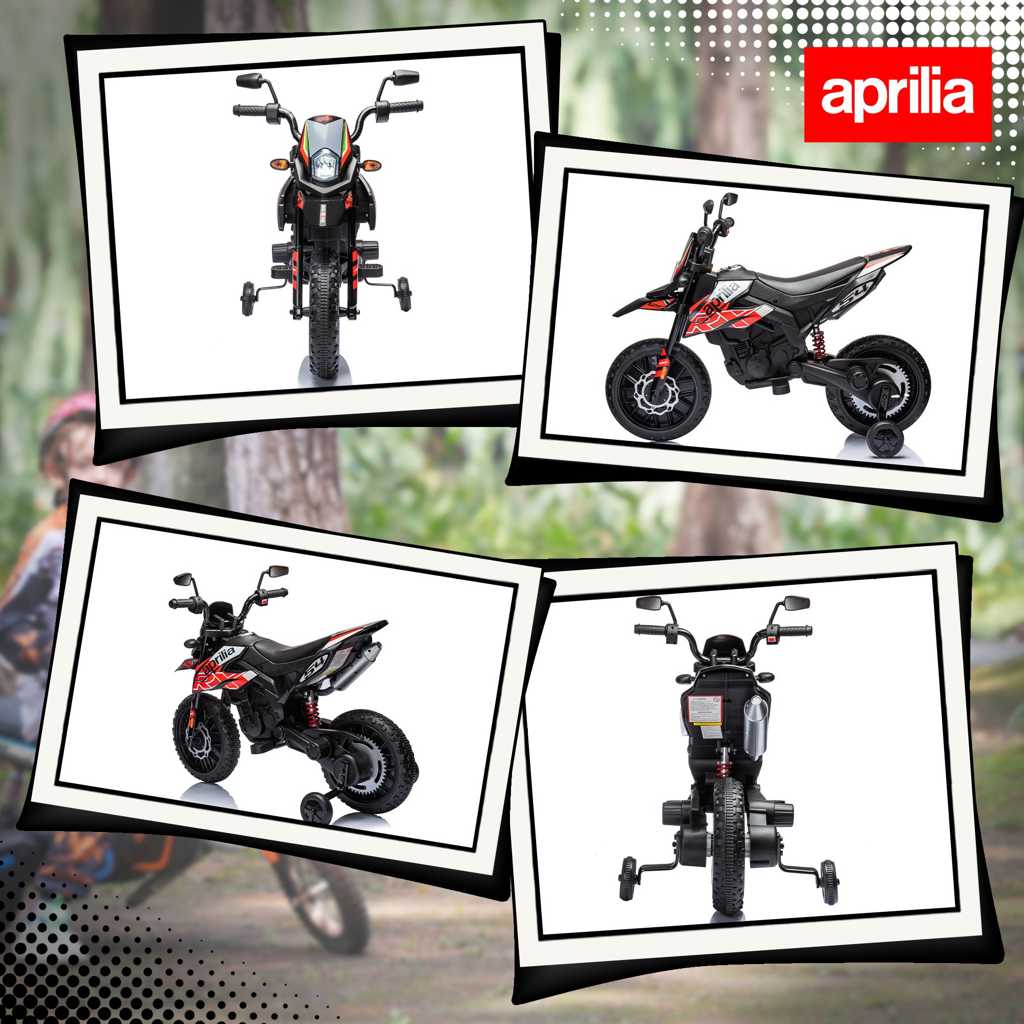 12V Aprilia Licenced Kids Motorbike with Training Wheels, Spring Suspension, LED Light, USB, Music, Red