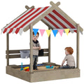 House-Designed Wooden Kids Sandbox with Blackboard, Toys, Sink, Seats & Flags for Ages 3-7 - Grey
