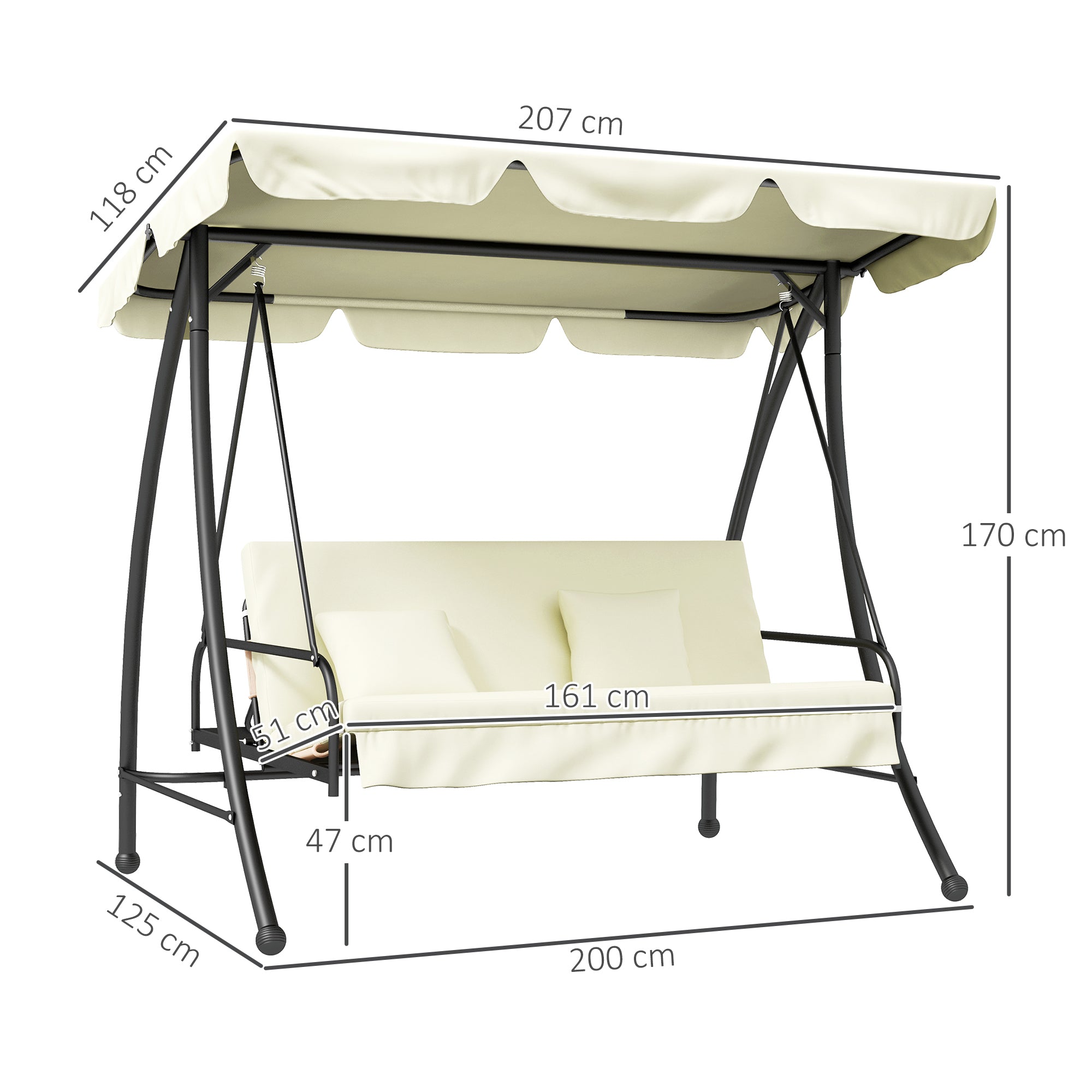 3 Seater Garden Swing Chair with Tilting Canopy - Cream White