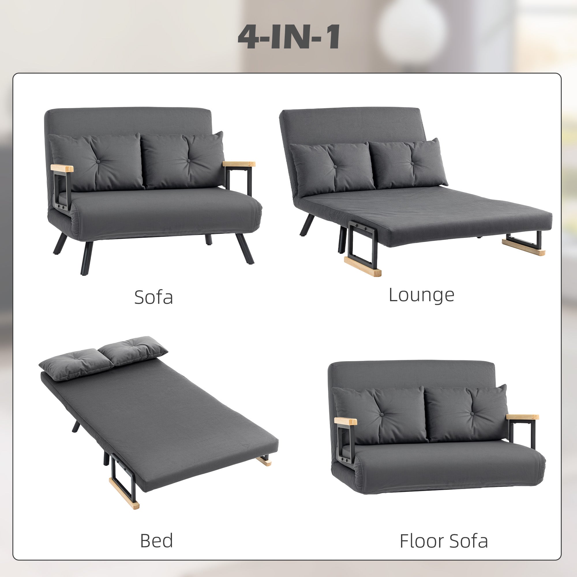 4-in-1 Velvet-Feel Double Sofa Bed with Pillows - Dark Grey
