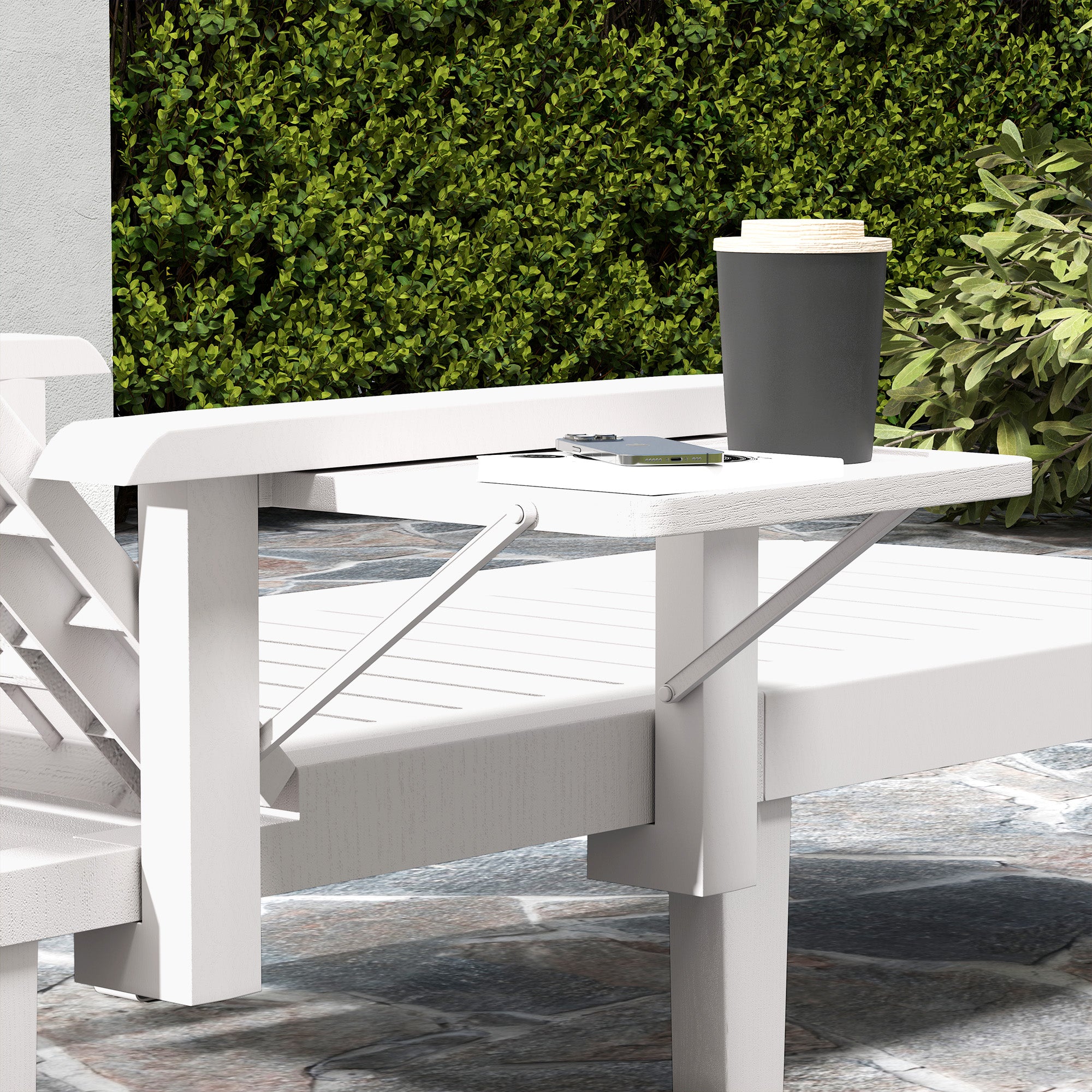 Set of 2 Resin Reclining Sun Loungers for Garden, 5 Positions Adjustable Outdoor Chaise Lounge Chairs with Wood Texture Surface, Armrests, Foldable Side Table for Garden, Beach, White