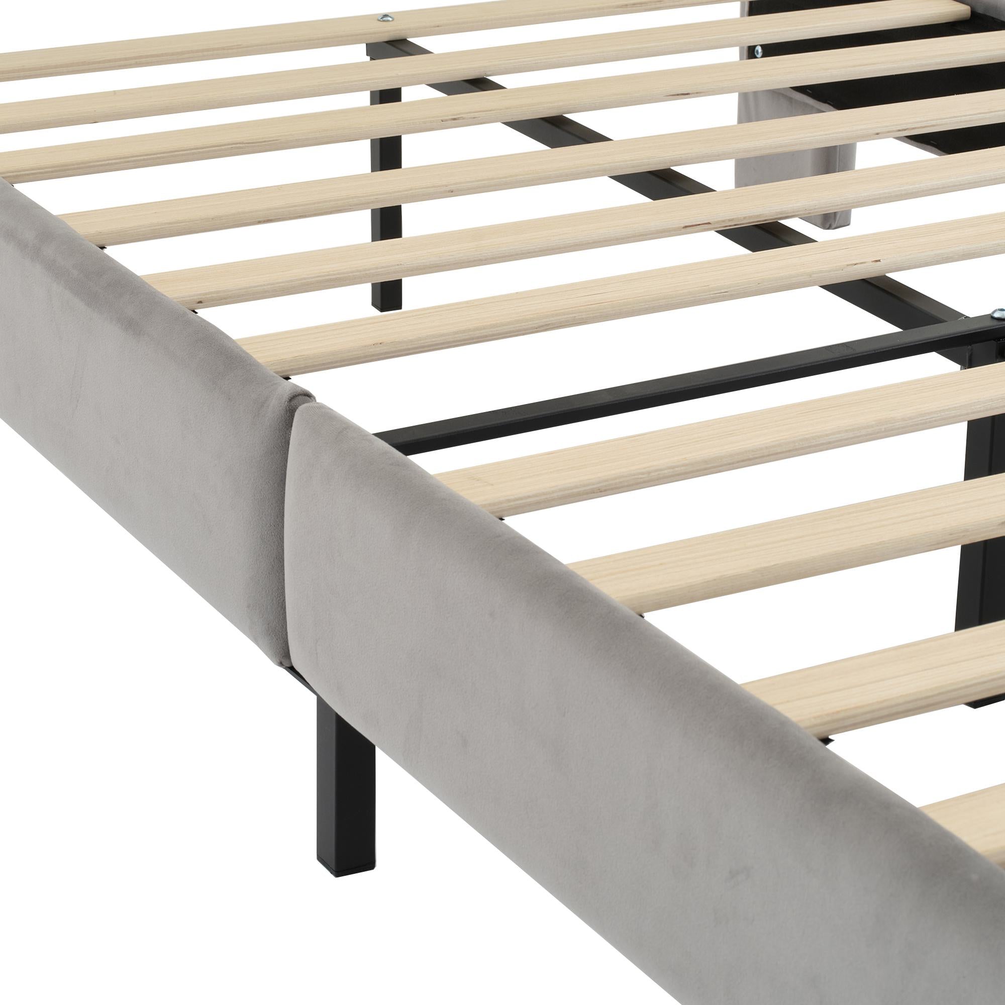 Double Upholstered Velvet Bed with Soft Backrest - Gray