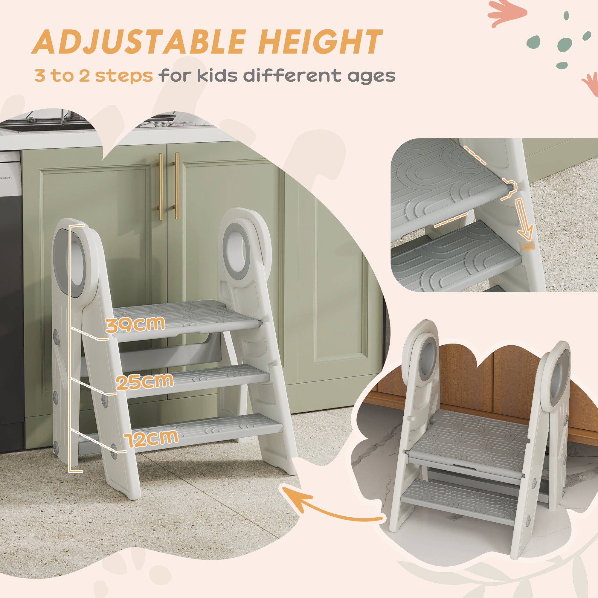 Foldable & Adjustable Toddler Tower with Handle, Non-Slip, Grey