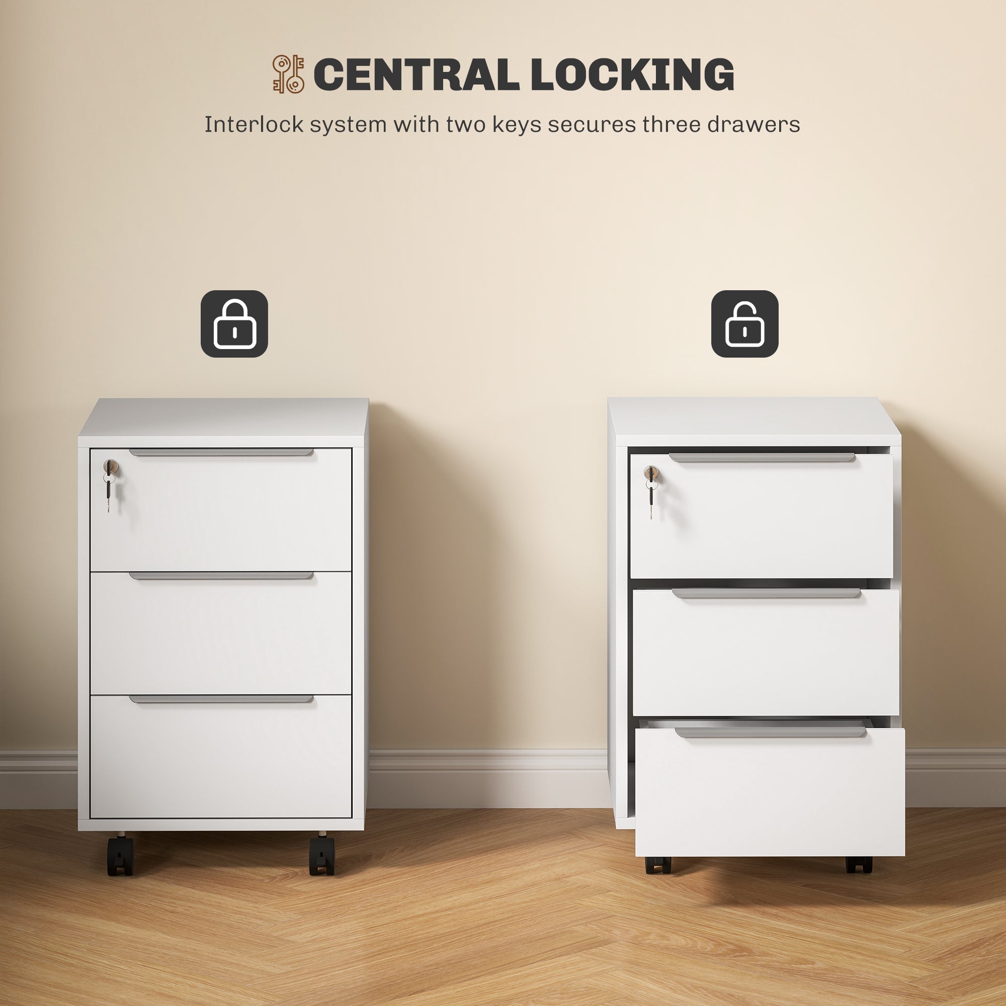 HOMCOM Three-Drawer Locking Filing Cabinet - White