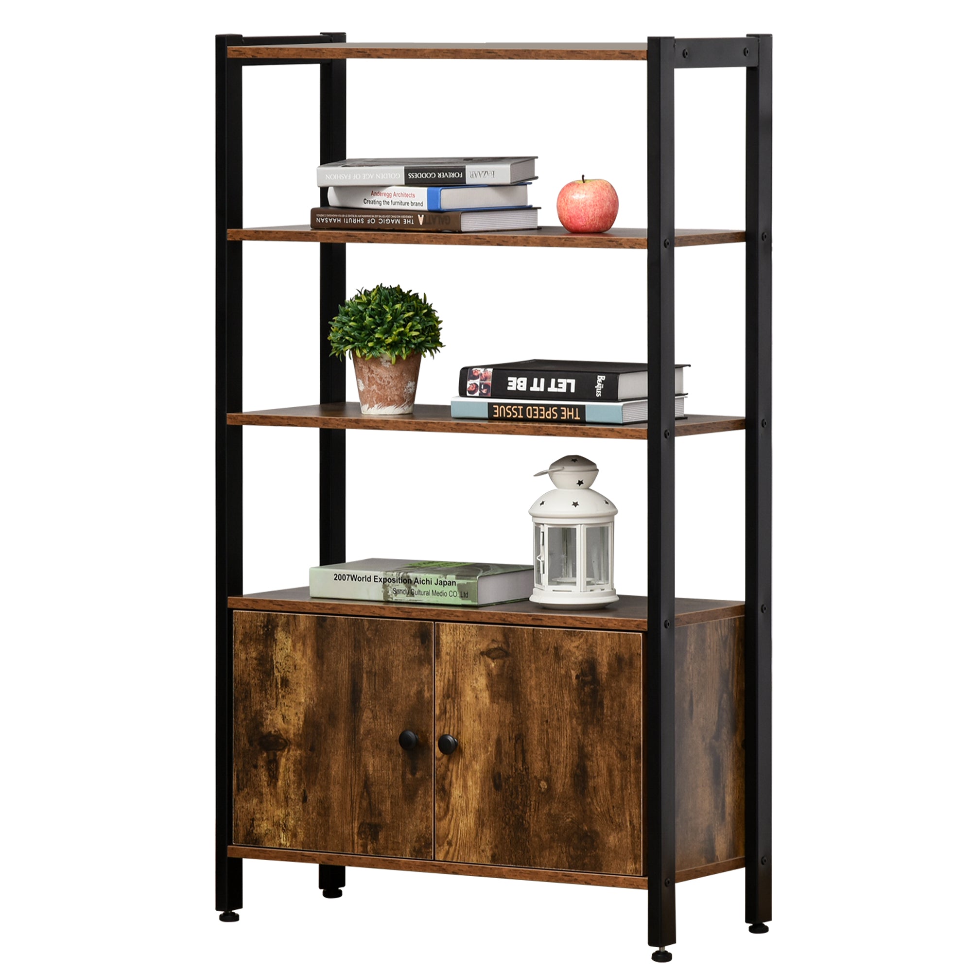 Industrial Bookshelf, Storage Cabinet with 3-Tier with Doors, for Home Office, Living Room Rustic Brown