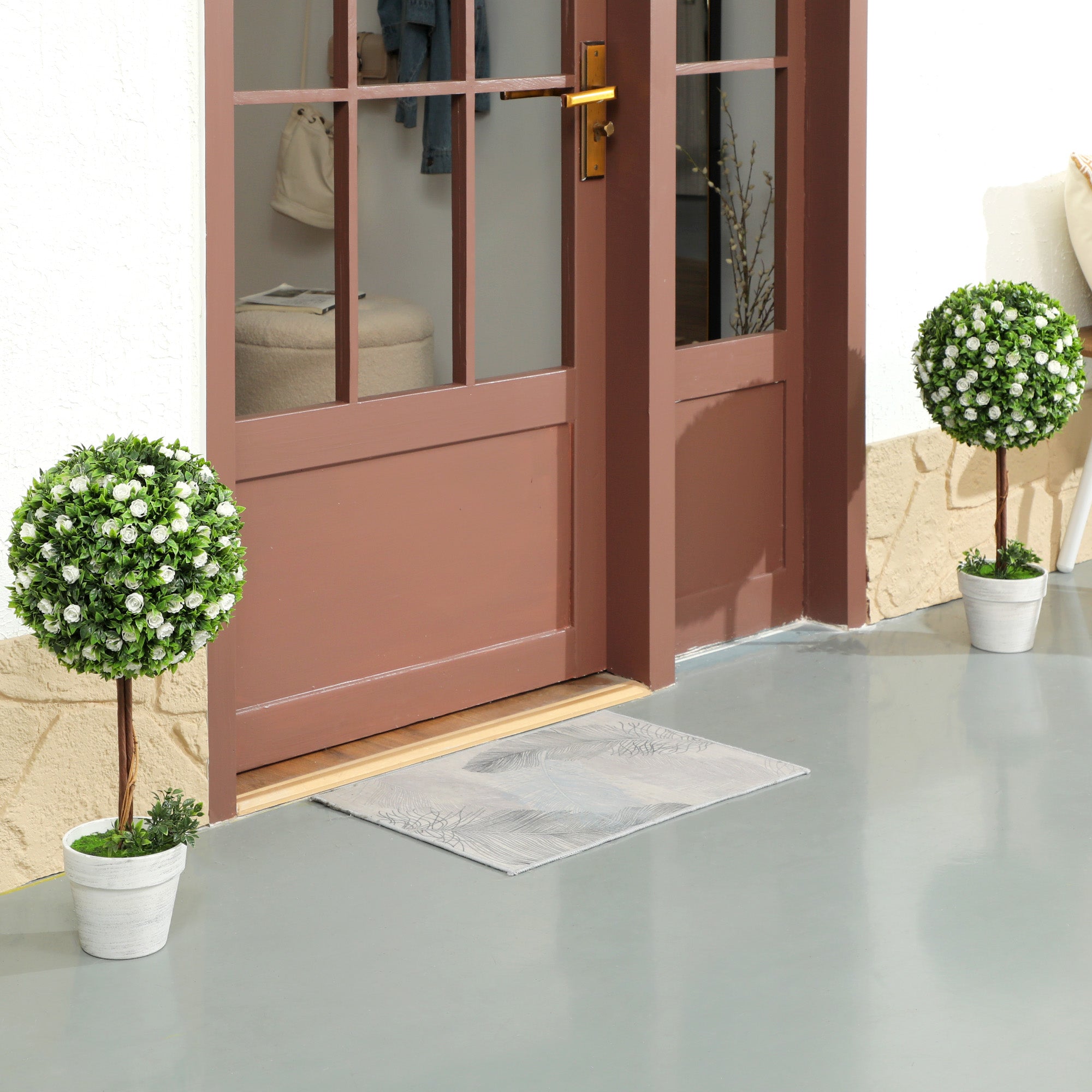 Set of 2 Decorative Artificial Plants, Ball Topiary Tree with Rose Flower in Pot, Fake Plants for Home Indoor Outdoor Decor, 60cm, White