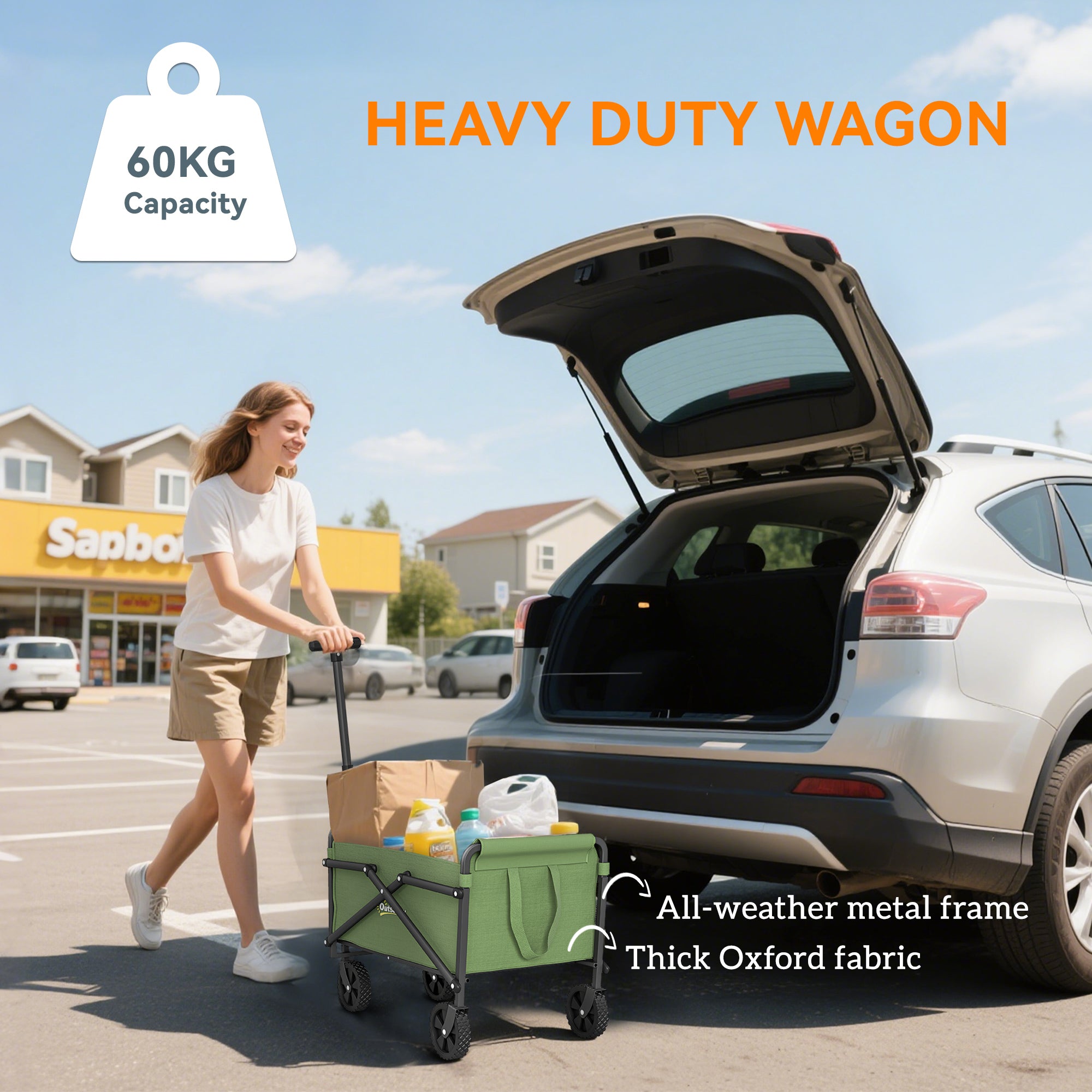 62L Festival Trolley on Wheels, Portable Small Folding Trolley Cart, 60kg Heavy Duty Collapsible Foldable Wagon with Adjustable Handle and Carrying Bag for Beach, Camping, Garden, Green