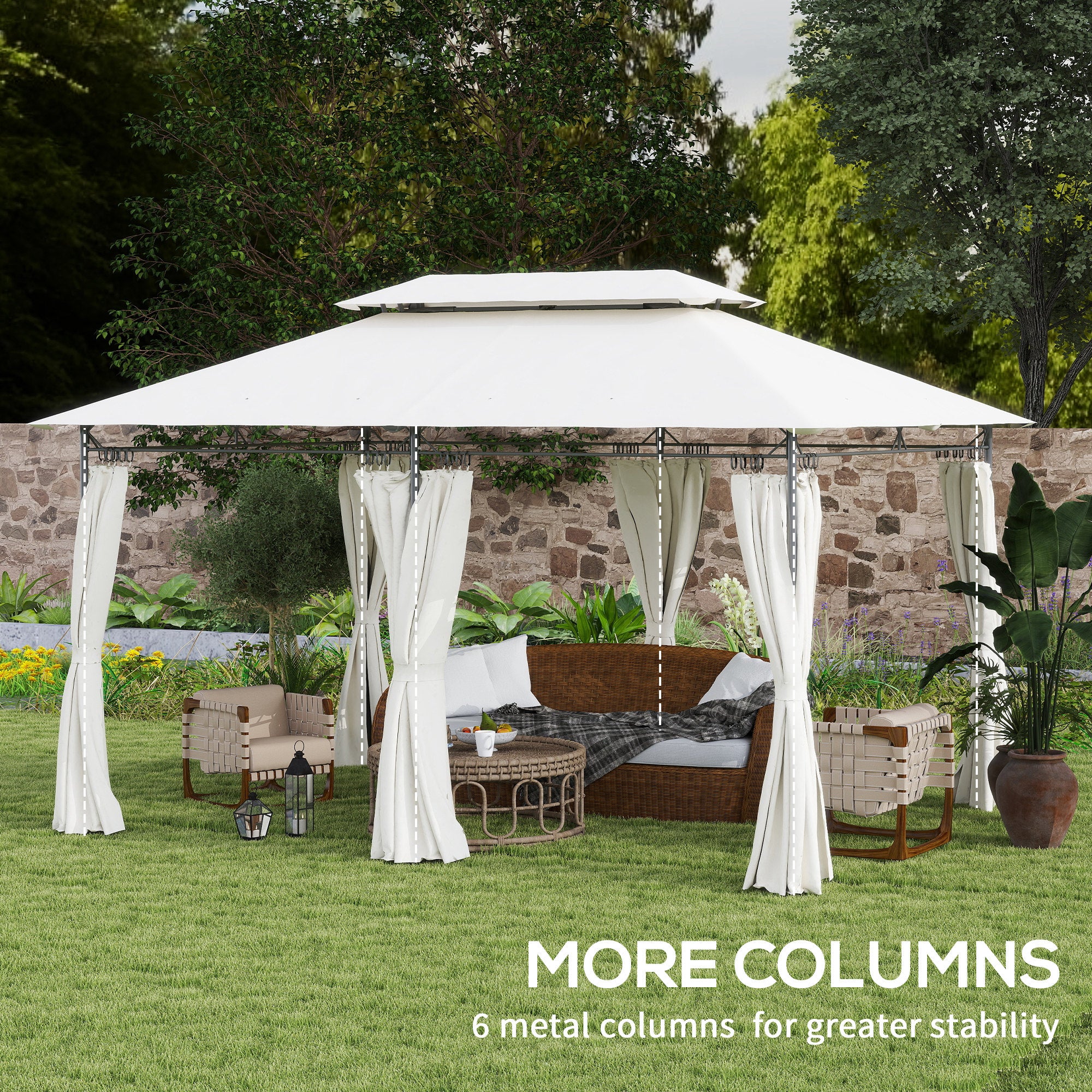 3 x 4m Metal Frame Gazebo with Two-Tier Roof and Removable Curtains - Cream White