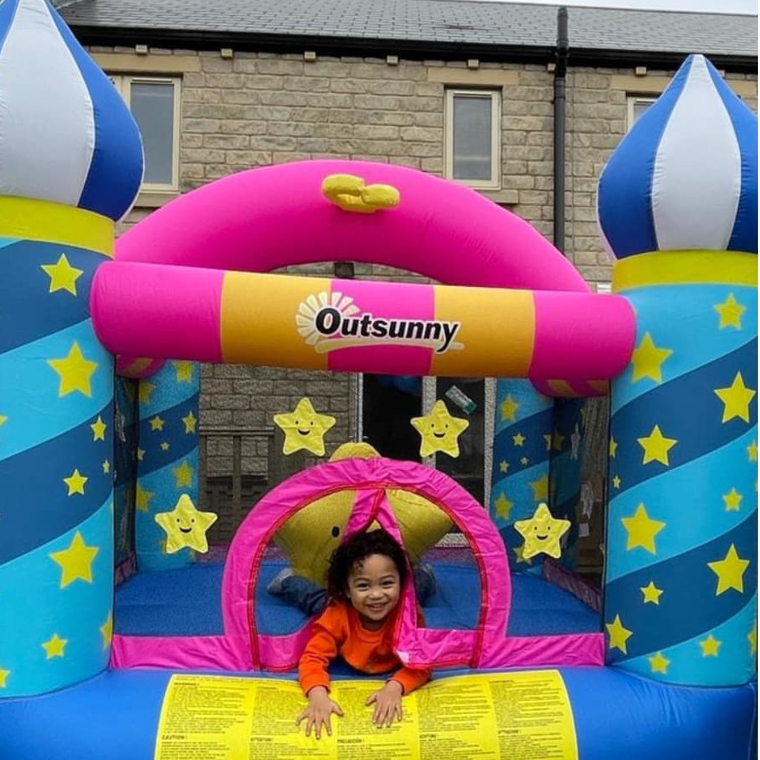 Kids Bouncy Castle, Inflatable Trampoline with Blower for Age 3-8 Castle Stars Design 1.95 x 1.95 x 2.15m