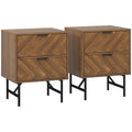 Bedside Table Set of 2 with 2 Drawers, Modern Side Tables with Herringbone Pattern and Metal Legs for Bedroom, Living Room, Walnut Brown