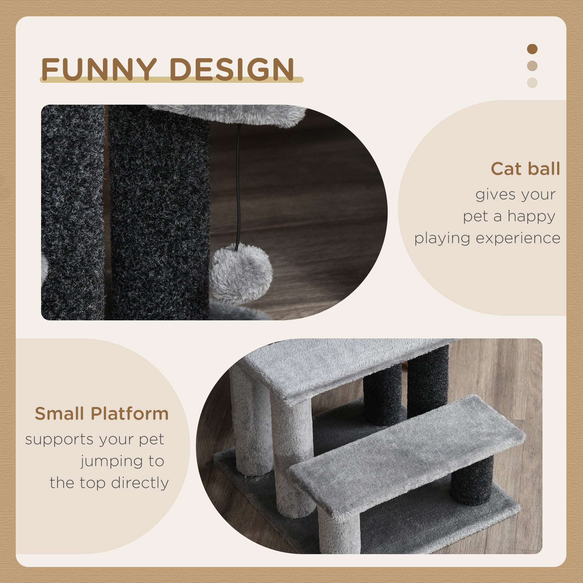 3-step Pet Stairs with Scratching Posts, Platforms, Toy Ball, Grey