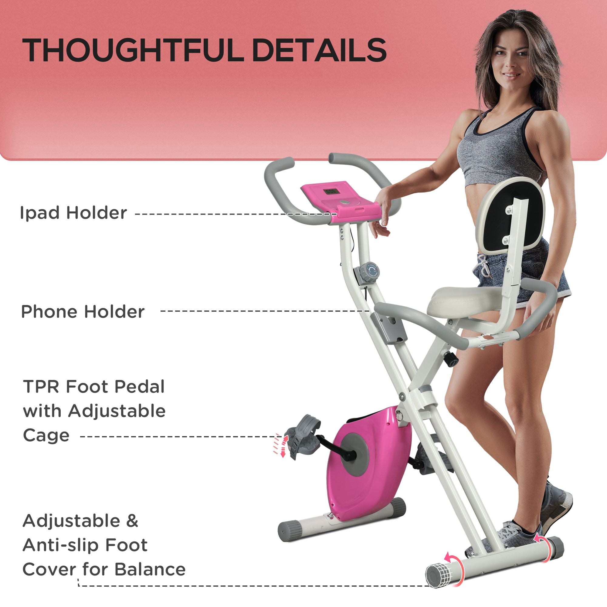 Folding Exercise Bike, with Adjustable Magnetic Resistance, Seat Height - White and Pink