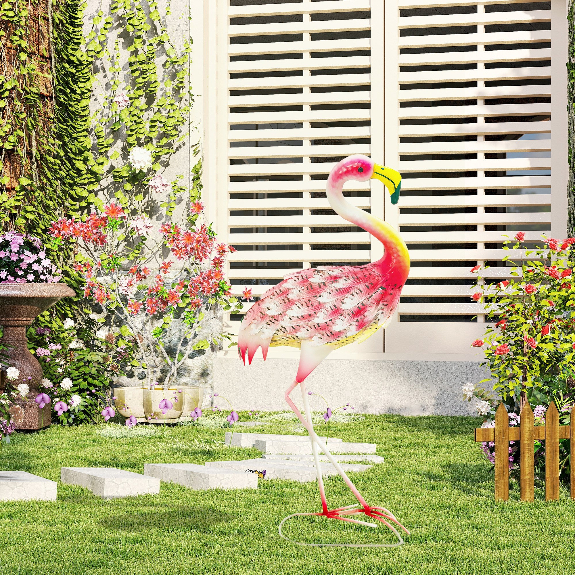 Flamingo Garden Statue Ornament, Metal Bird Art Outdoor Statue, Standing Garden Sculpture Gift with Ground Stakes for Pond Landscape Decoration, Pink
