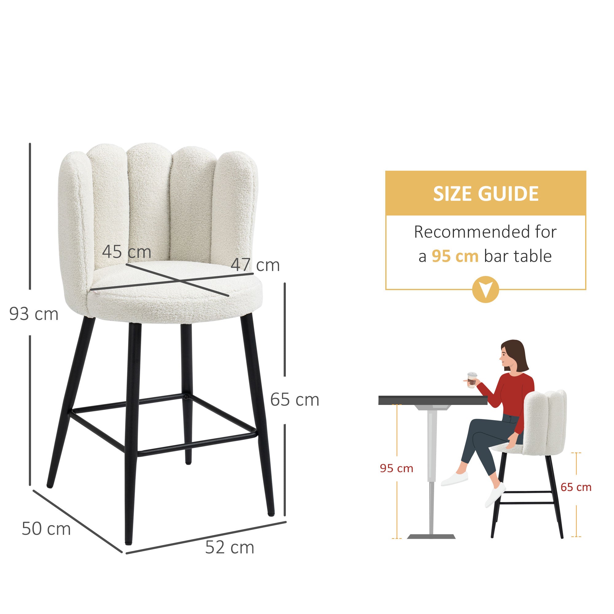 Bar Stools Set of 2, Faux Cashmere Upholstered Breakfast Bar Chairs, Modern Kitchen Stools with Backs, Footrest and Steel Base, Cream