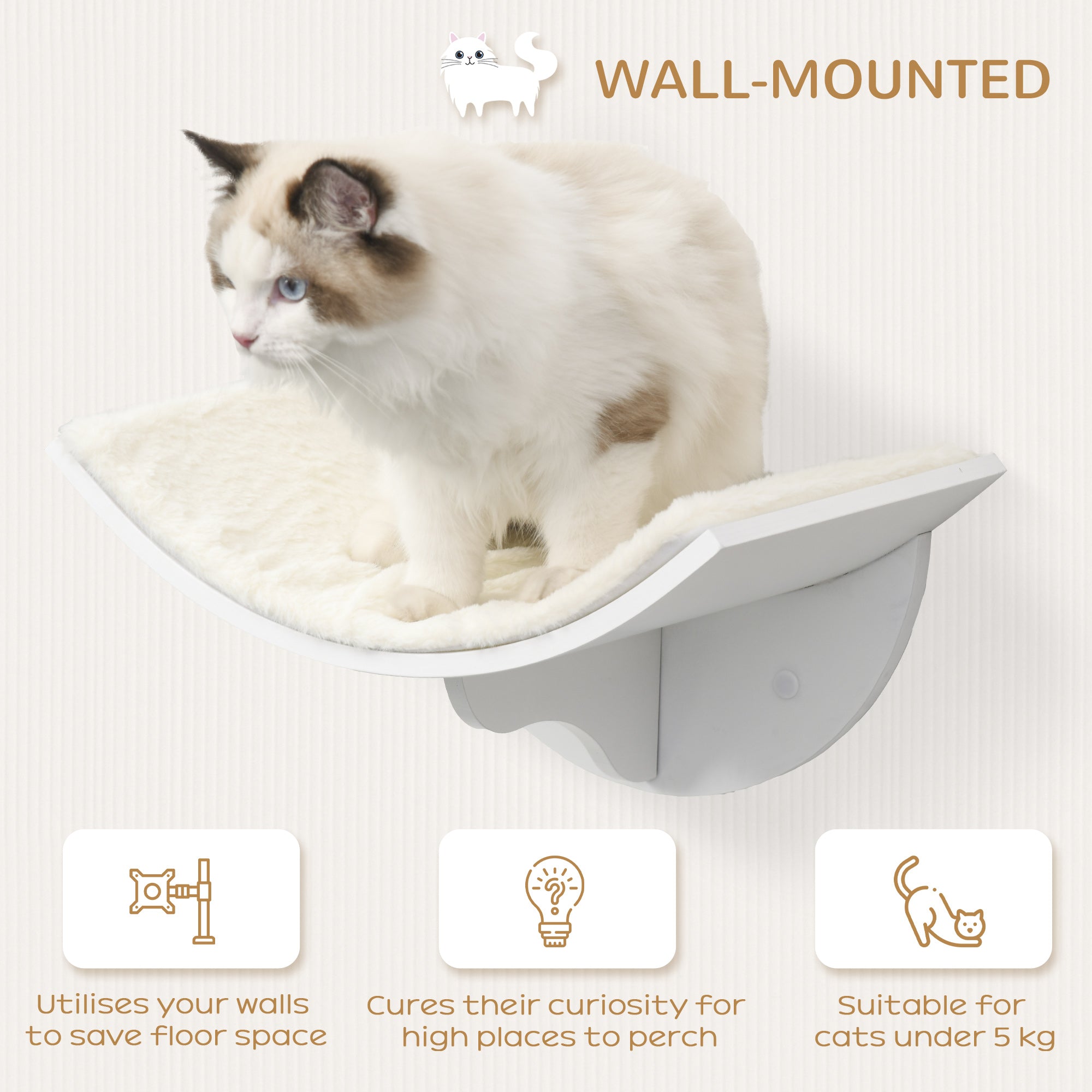 Wood Cat Shelves Wall-Mounted Shelter Curved Kitten Bed Cat Perch Climber Cat Furniture 41 x 28 x 21cm White