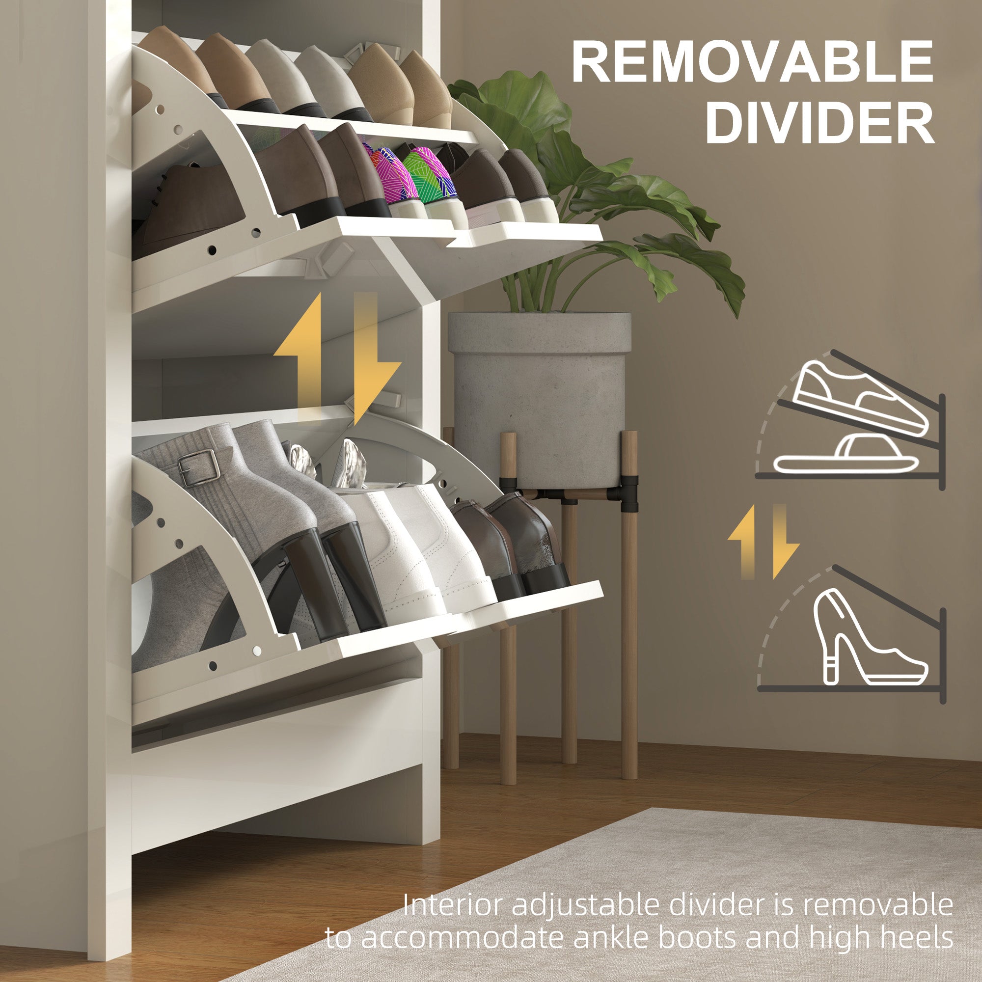 Slim Shoe Cabinet, Narrow Shoe Cupboard with 3 Flip Drawers, Adjustable Shelves for 18 Pairs of Shoes, High Gloss White