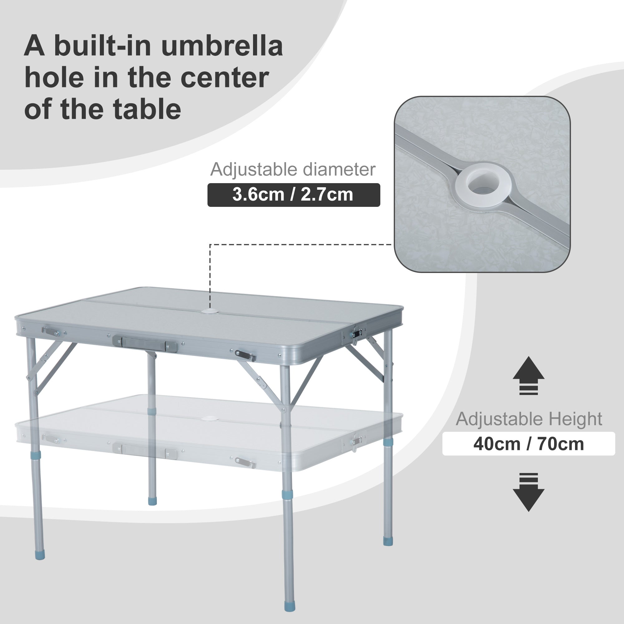 3 pcs Foldable Picnic Table and Bench Set with Umbrella Hole - Silver