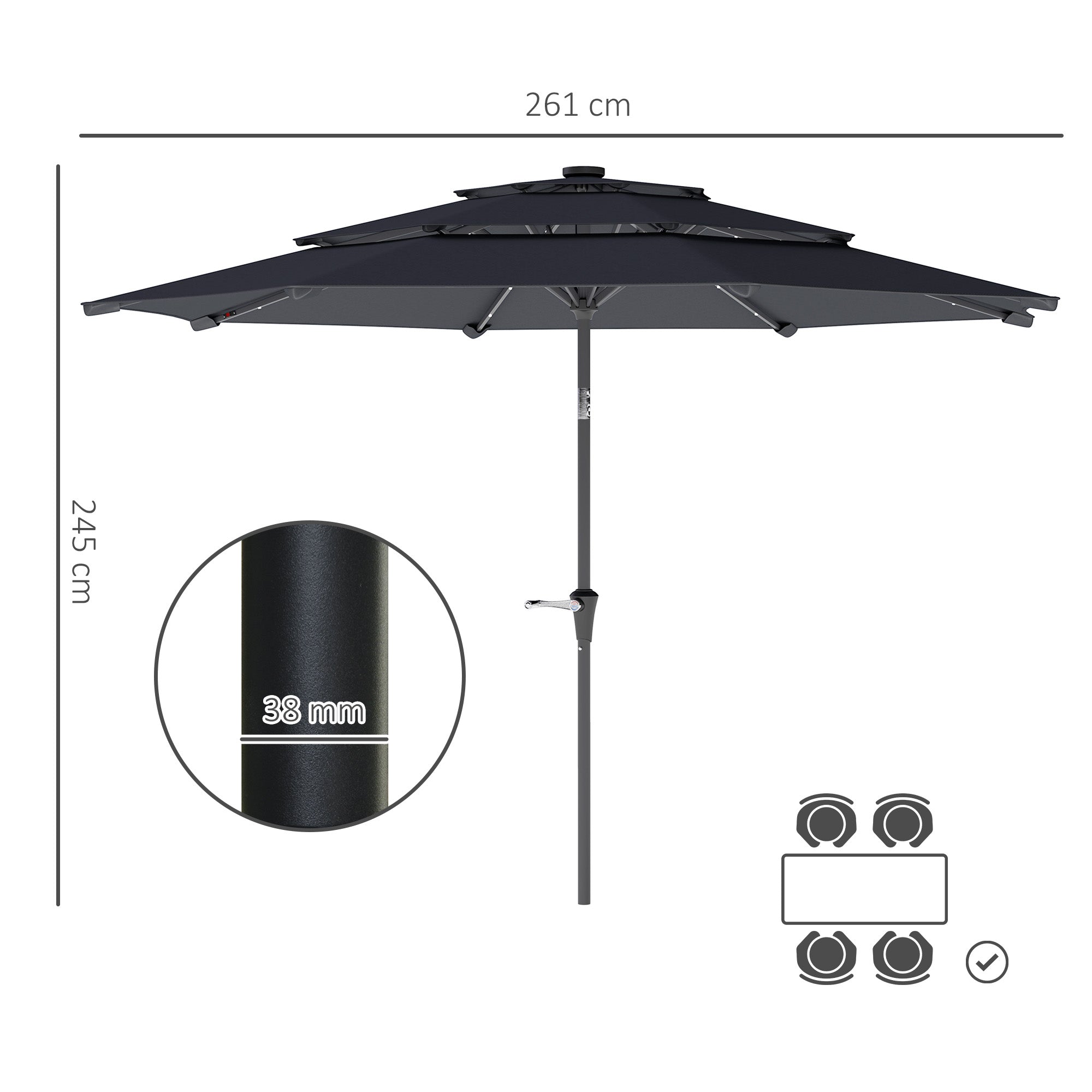 3 Tier Garden Parasol with Solar LED Lights and UPF 30+ Canopy - Dark Grey