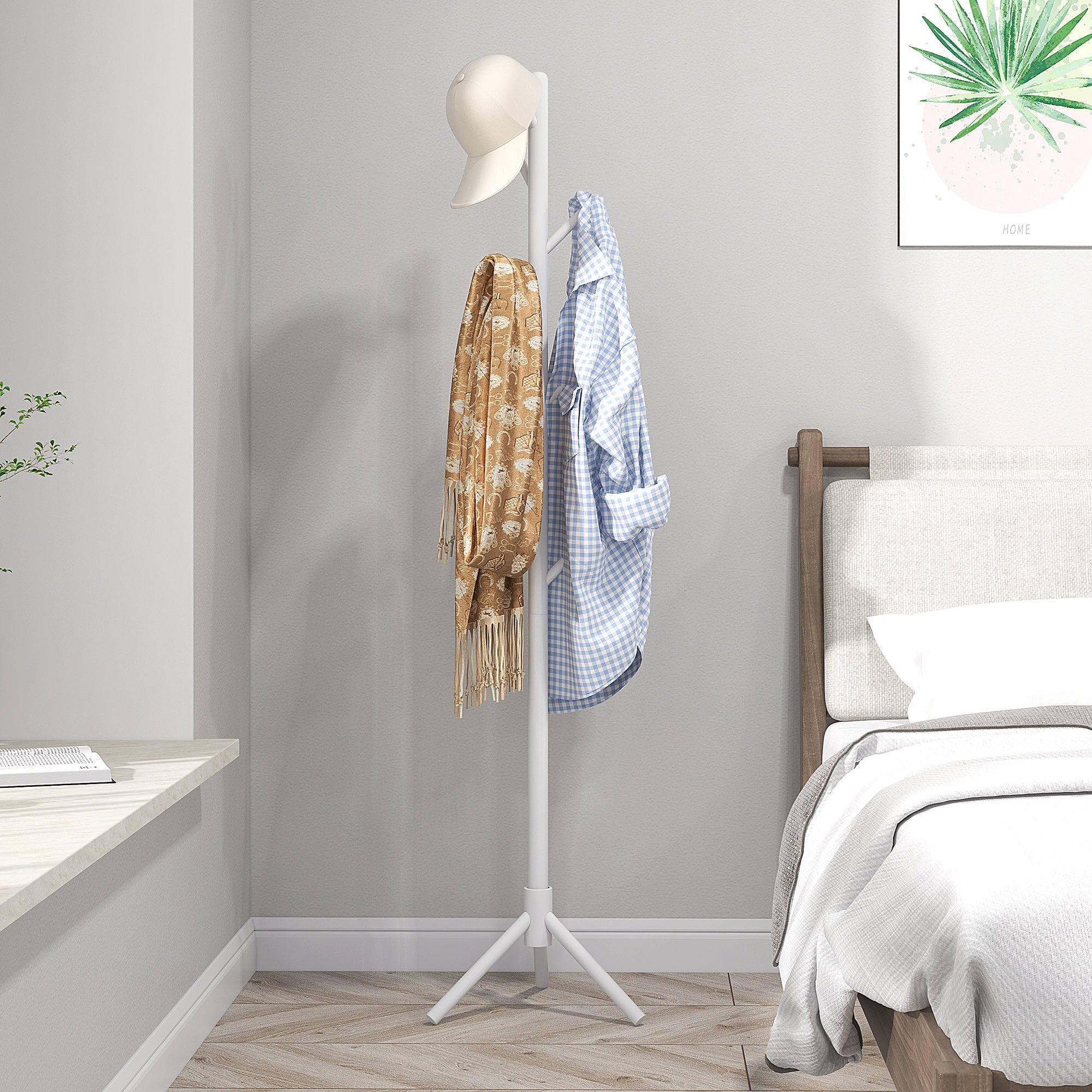 Eight-Hook Wooden Coat Rack - White