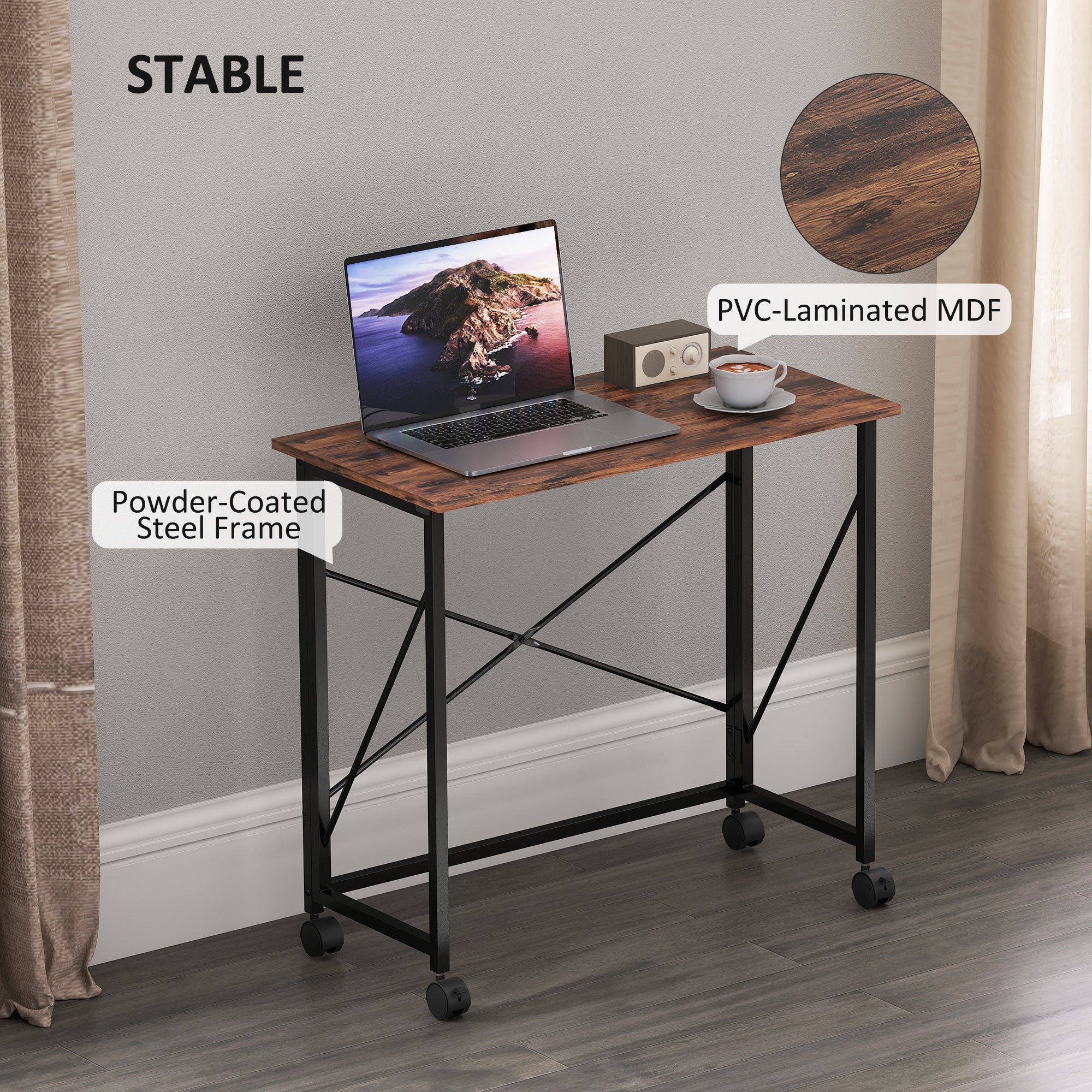 80 cm Folding Desk on Wheels - Rustic Brown