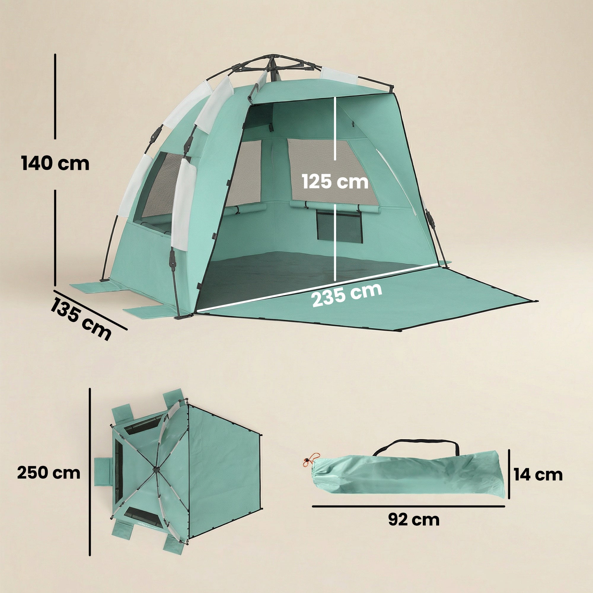 2-3 Person Pop Up Beach Tent, UPF15+ Sun Shelter with Extended Floor, Sandbags, Mesh Windows and Carry Bag, Green