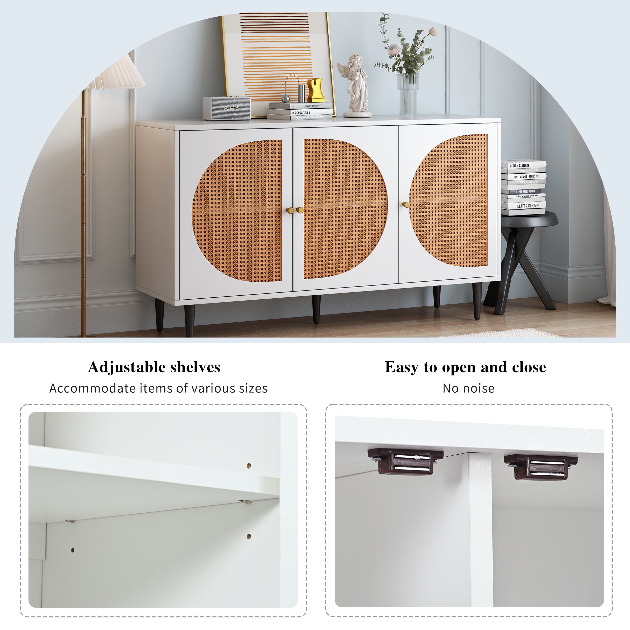 Versatile Rattan Sideboard with 3 Doors and Metal Handles, Storage Cabinet for Living Room and Office, 130L x 40W x 76H cm, White