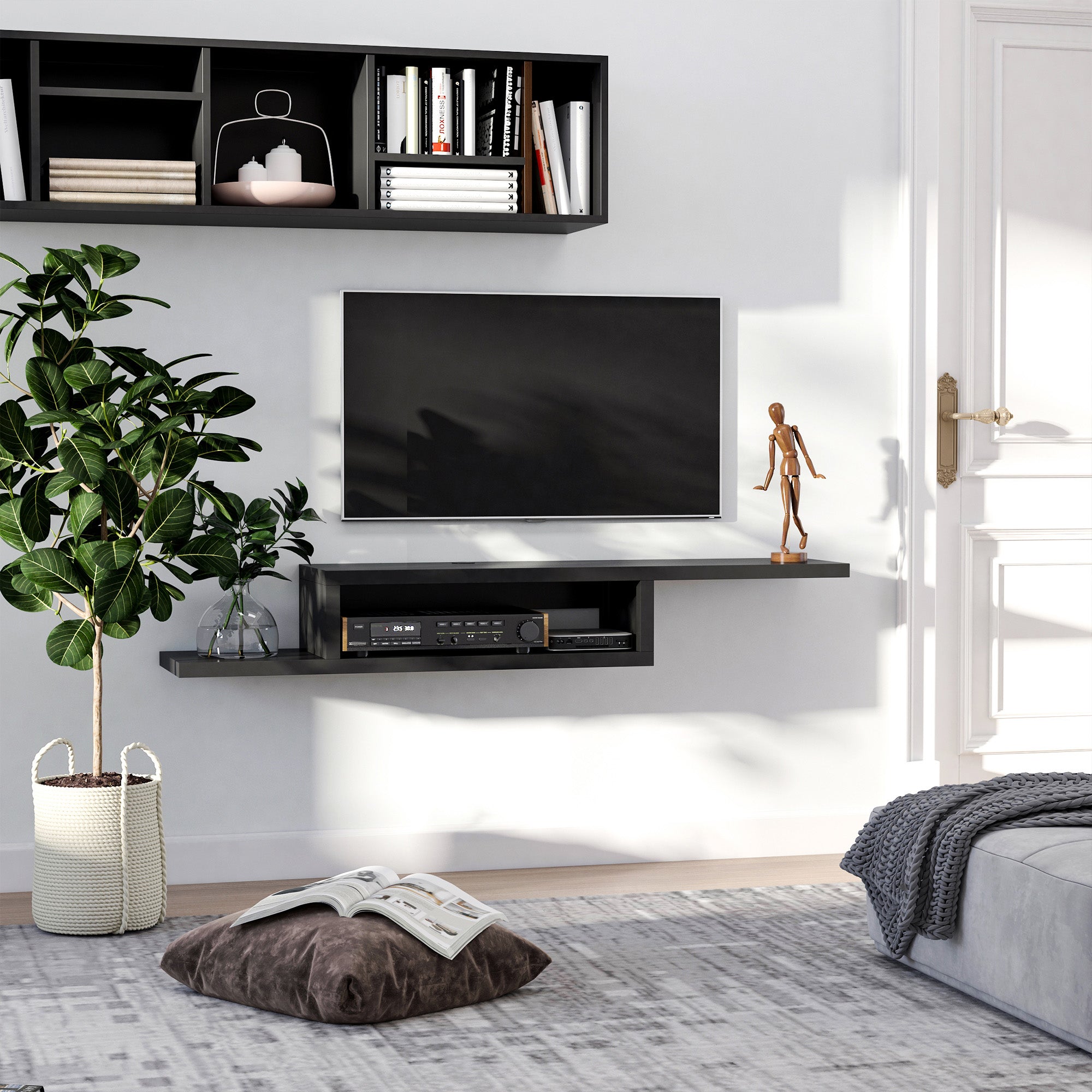 Floating Wall Mounted TV Unit with Open Shelf & Cable Holes - Black