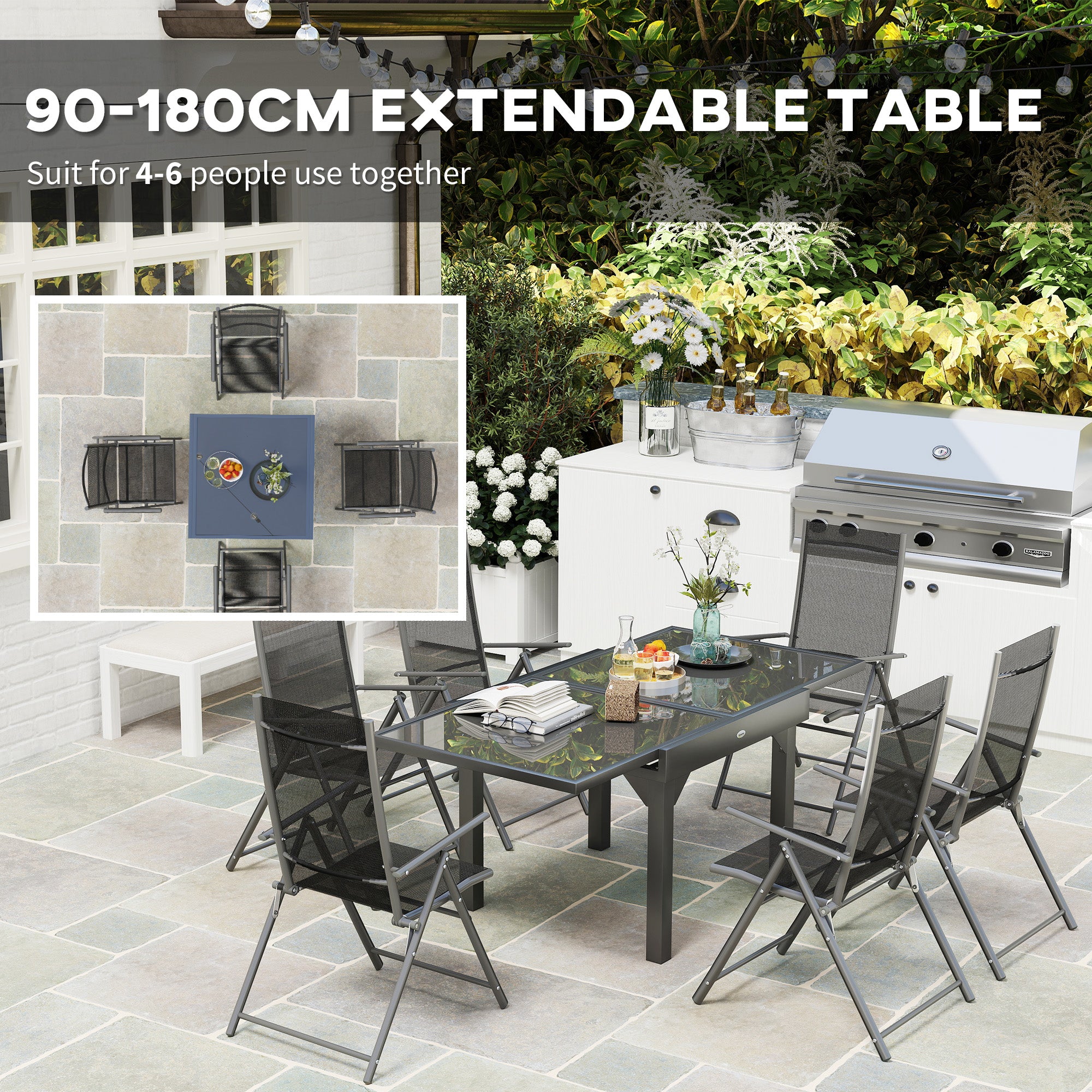 7 Piece Outdoor Extendable Dining Set with Folding Chairs - Grey