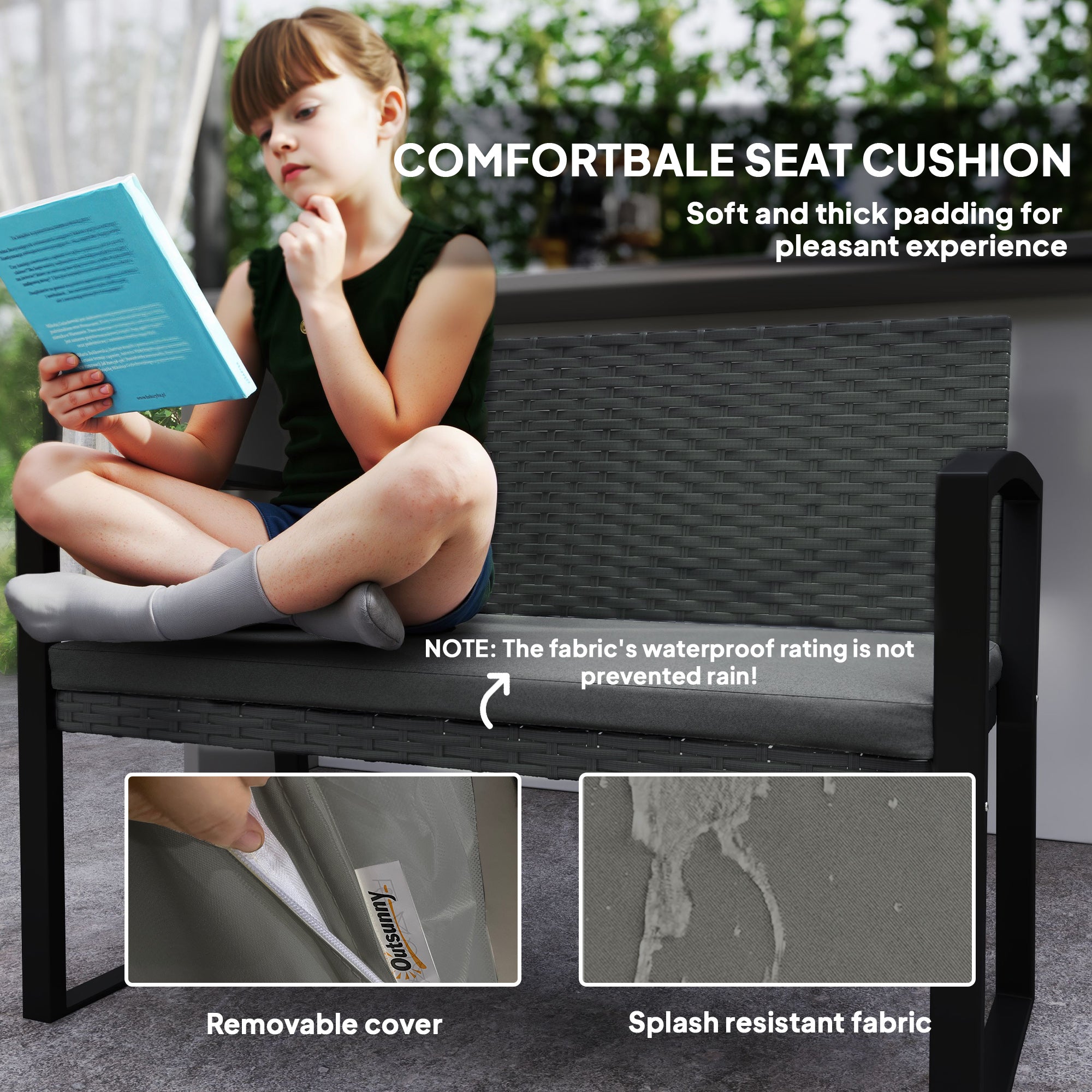 Two-Seater Rattan Garden Bench - Grey/Black