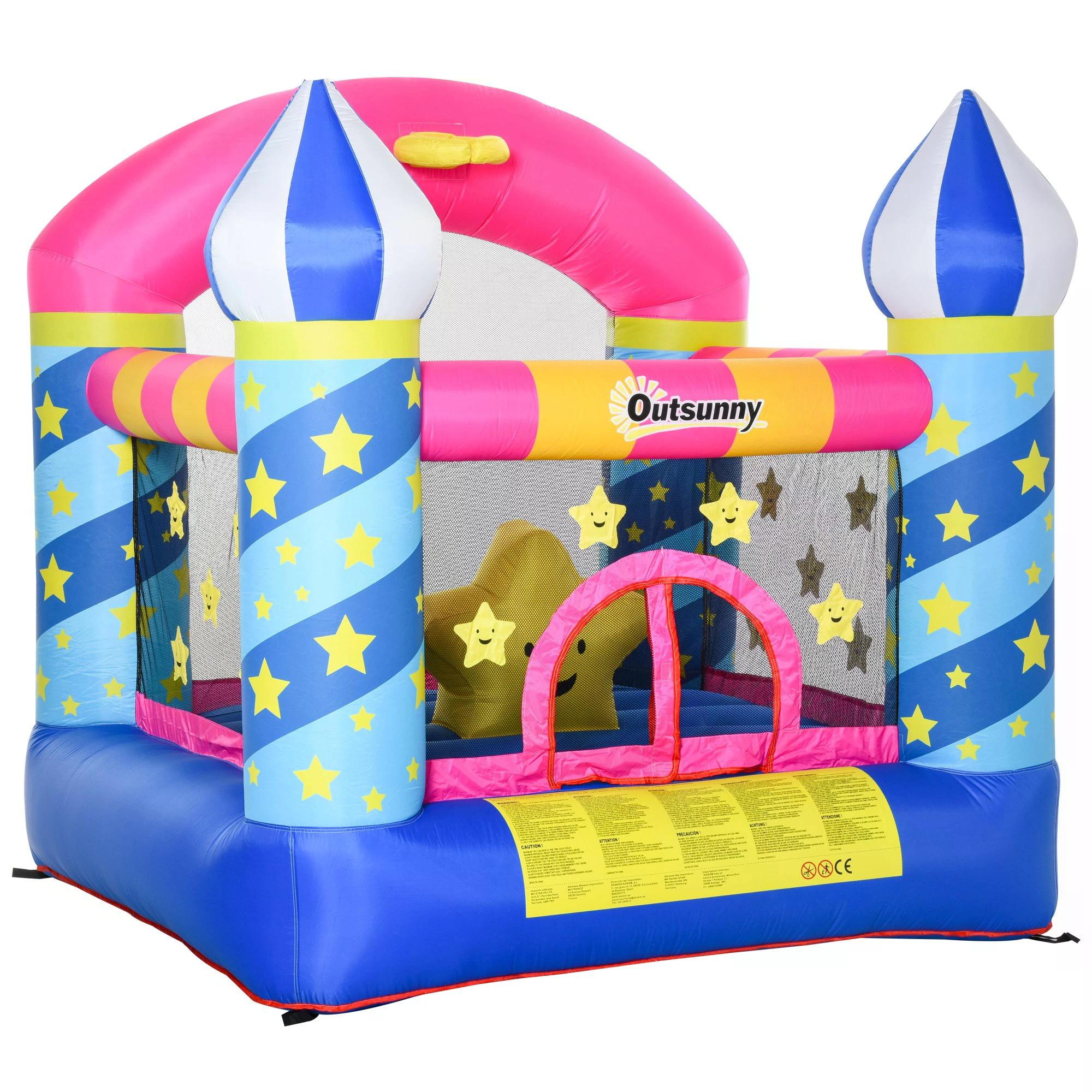 Kids Bouncy Castle, Inflatable Trampoline with Blower for Age 3-8 Castle Stars Design 1.95 x 1.95 x 2.15m