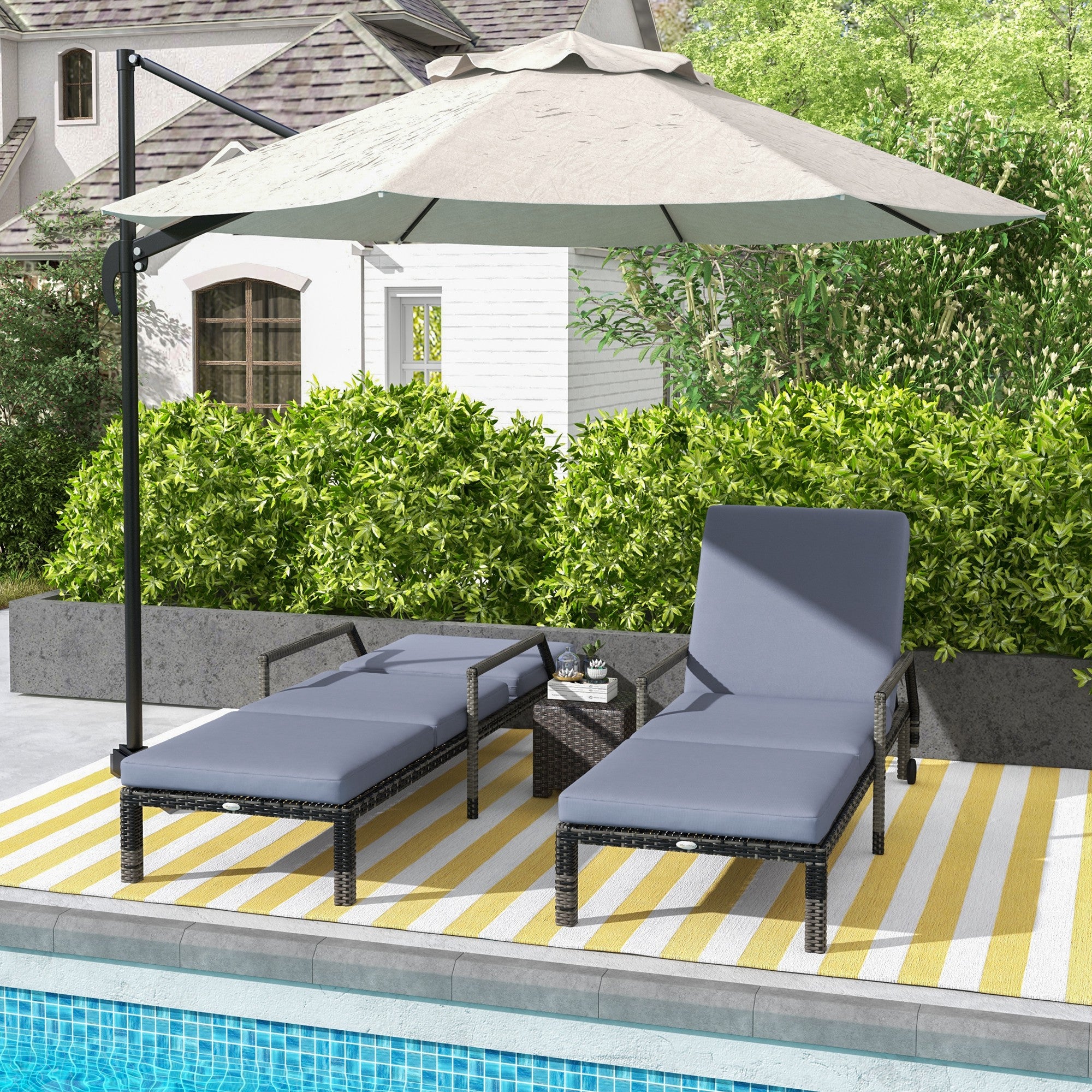 Outdoor PE Rattan Sun Lounger Set of 2, Wicker Chaise Recliner Garden Chair with 5-Level Adjustable Backrest and 2 Wheels, Dark Grey